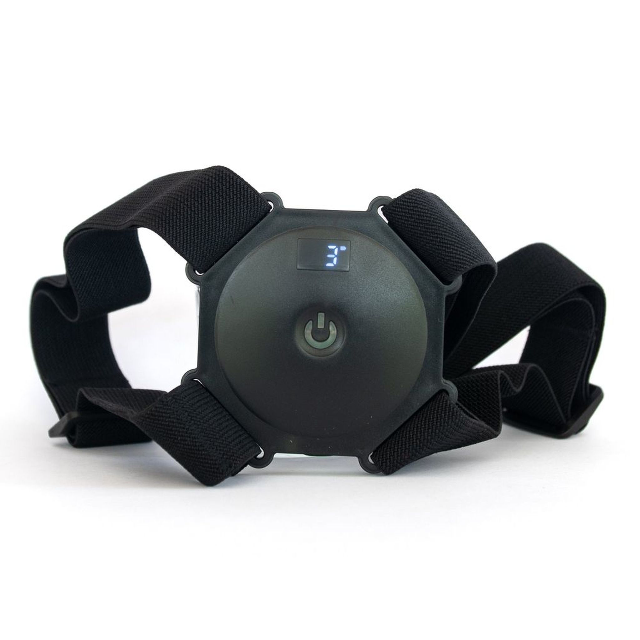 Correcteur de posture noir avec module central et écran. Bandes élastiques.