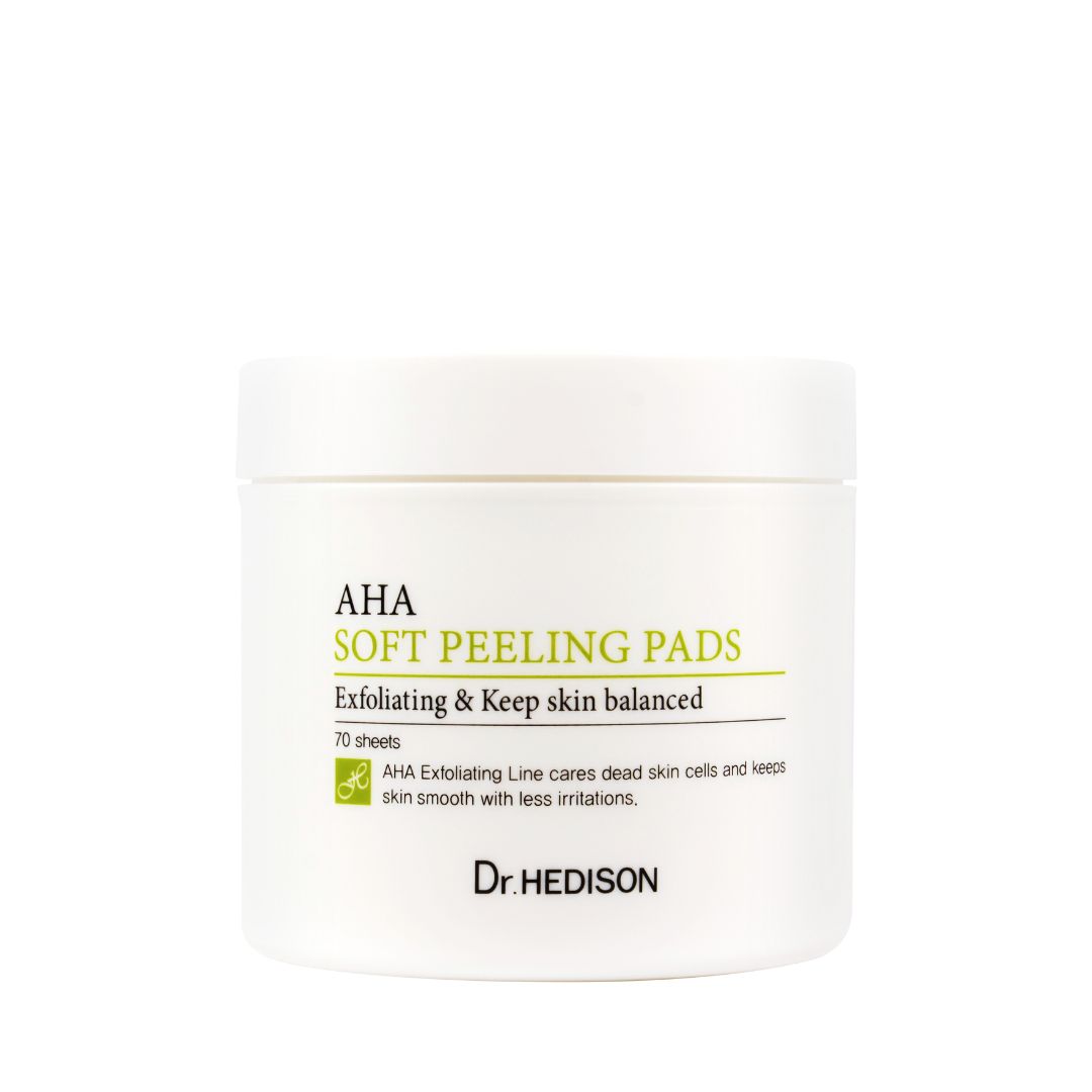 Witte pot met opschrift AHA Soft Peeling Pads. Tekst: Exfoliating & Keep skin balanced. Merk: Dr. HEDISON. 70 vellen.