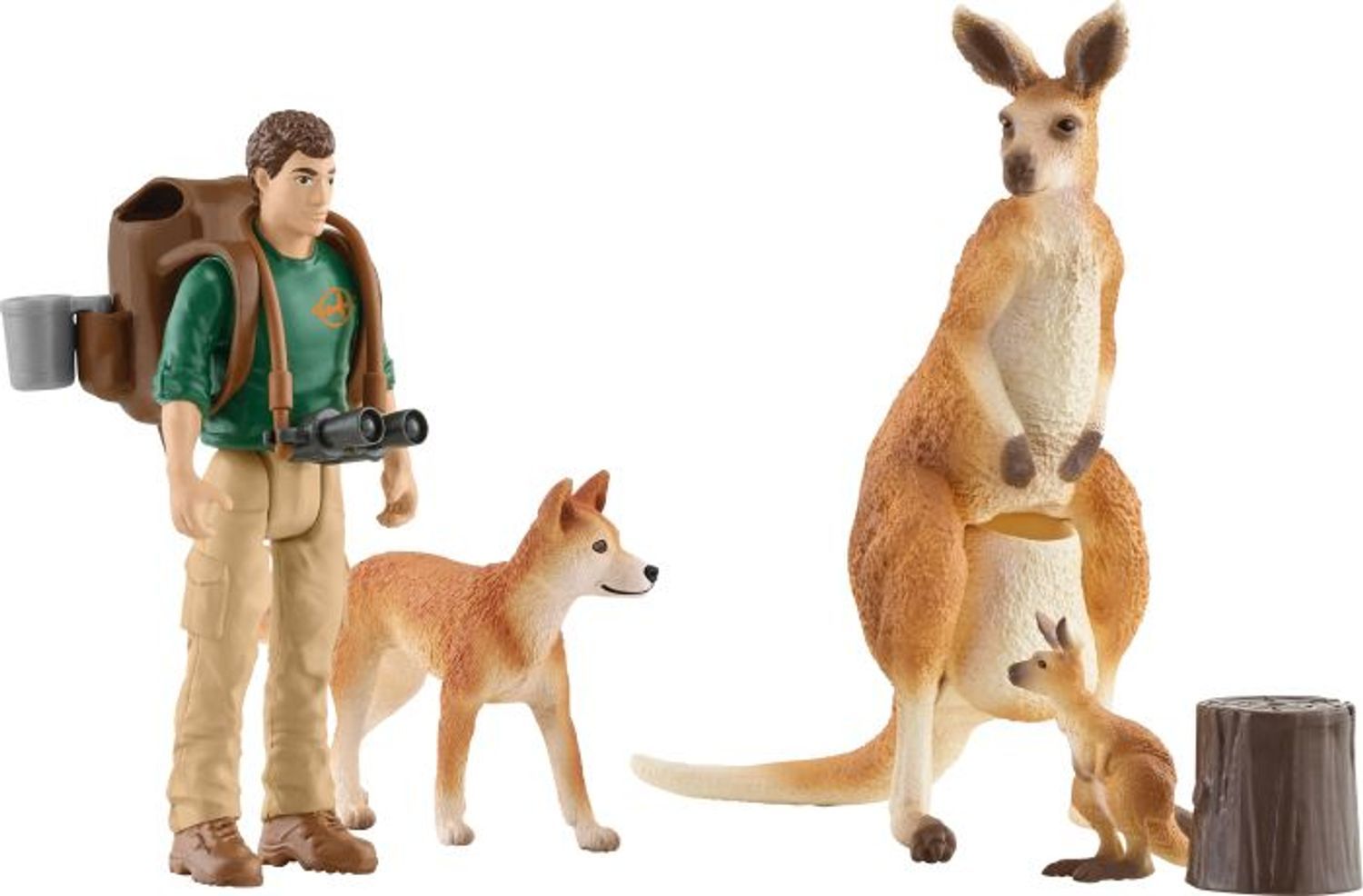 Figuren: man met rugzak, dingo, kangoeroe met jong en boomstronk. Figuren van kunststof. Kleuren: bruin, beige, groen.