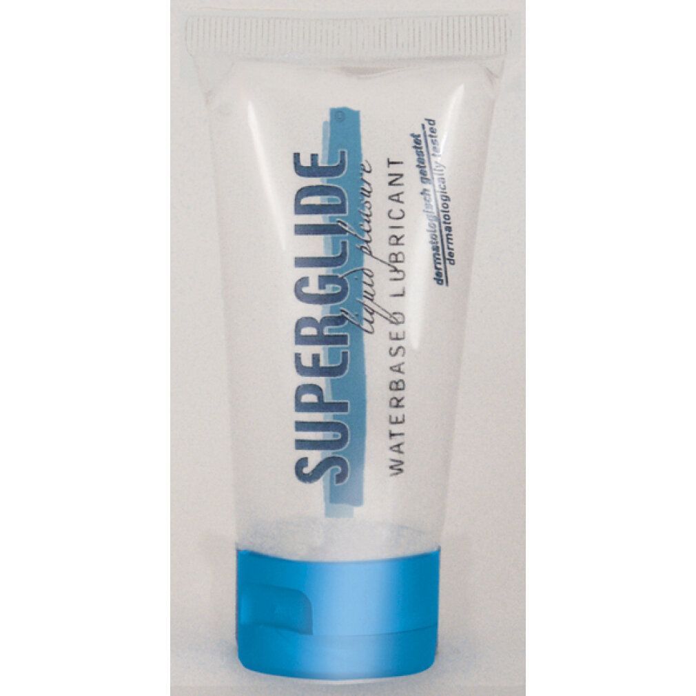 Récipient tubulaire transparent avec bouchon bleu. Inscription : SUPERGLIDE, waterbased lubricant. Testé dermatologiquement.