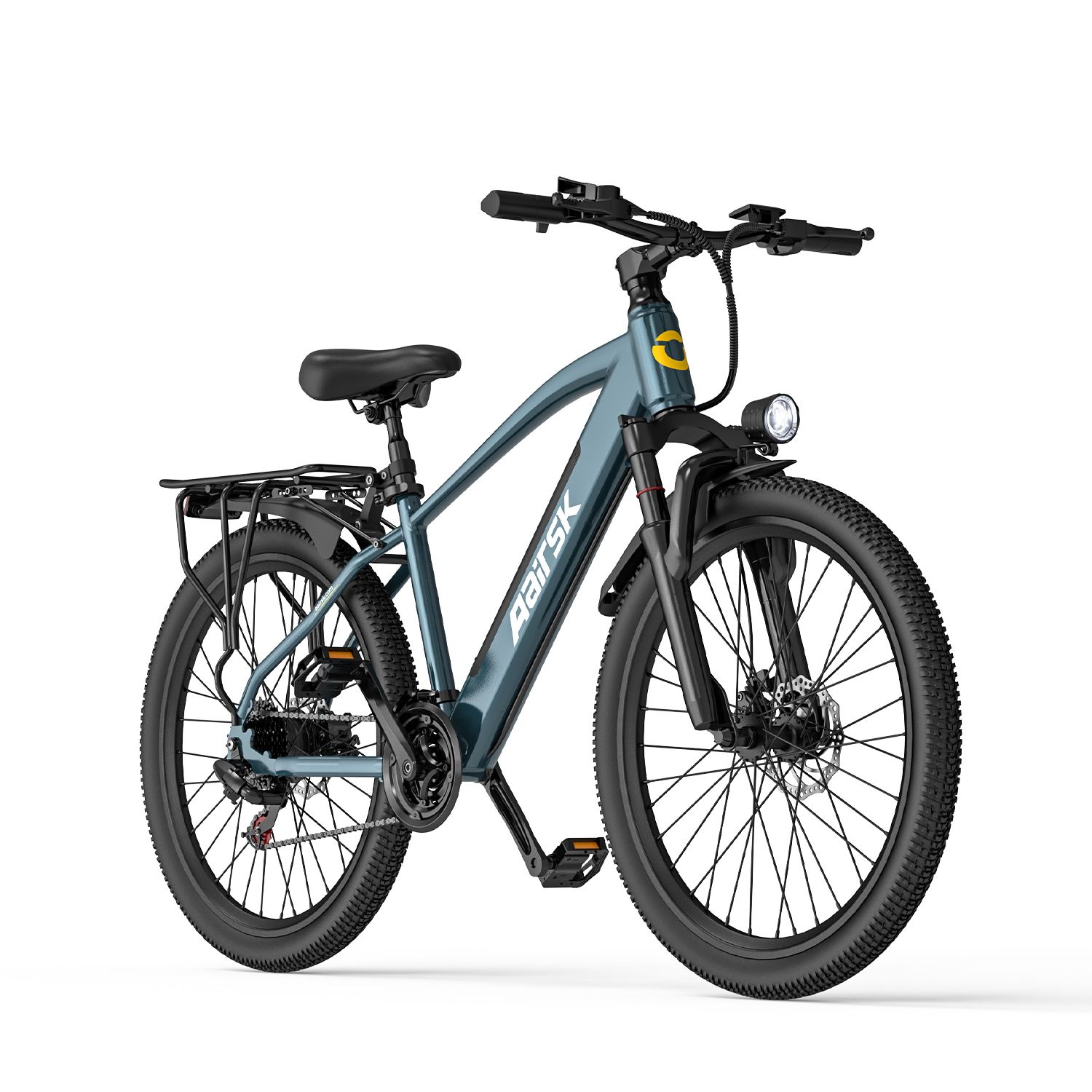 Vélo électrique bleu avec cadre noir, porte-bagages et phare. Marque Aairsk.