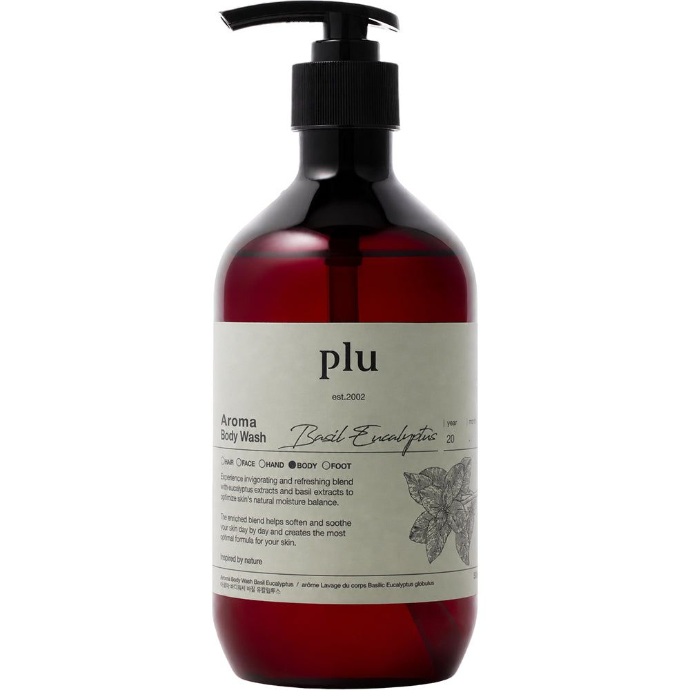 PLU Aroma Douchegel Basilicum & Eucalyptus in donkere fles met pompdos.