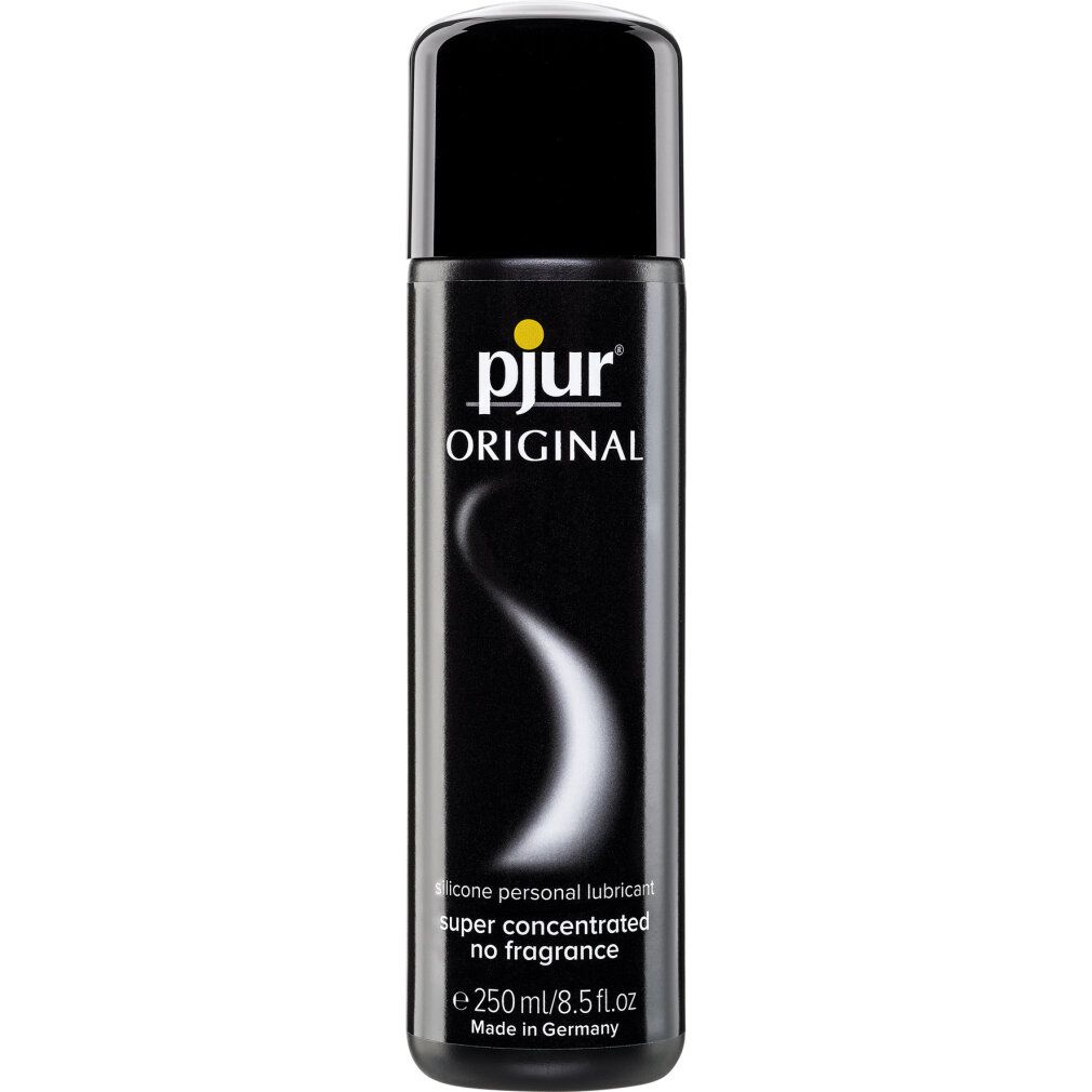Zwarte fles met geel logo "pjur ORIGINAL". Tekst: "SILICONE-BASED PERSONAL LUBRICANT". "super concentrated no fragrance".