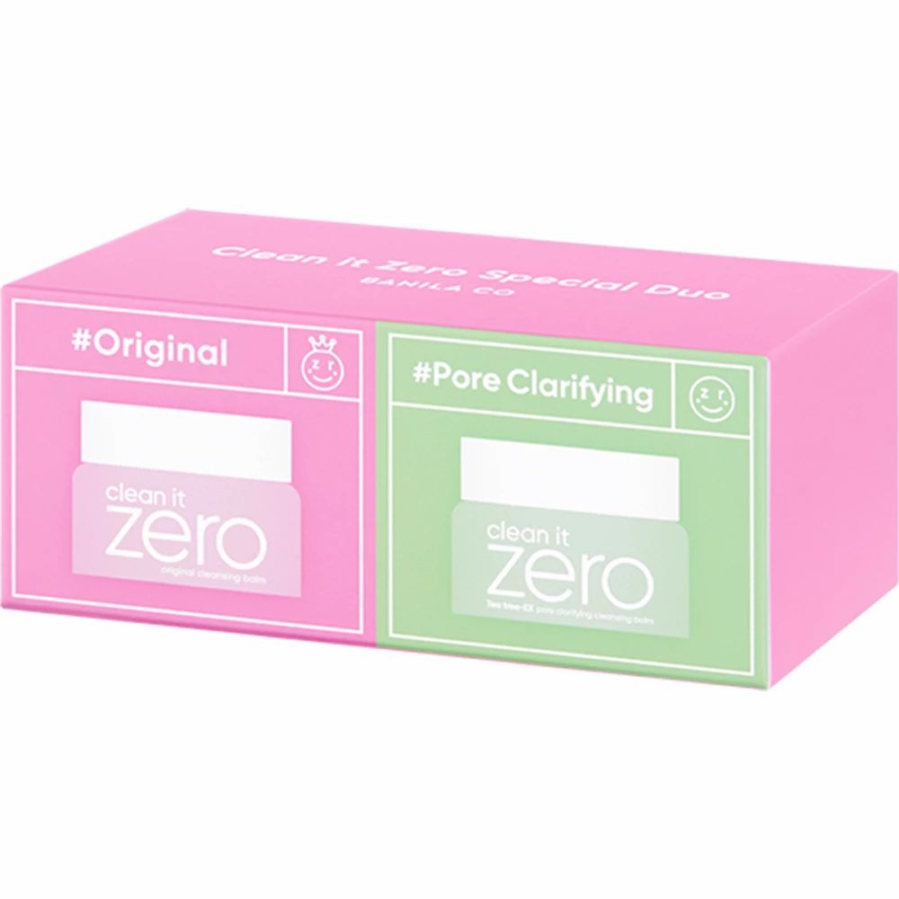 Roze verpakking met opschrift "Clean it Zero Special Duo". Opschrift "#Original" en "#Pore Clarifying". Afbeelding van de potjes.