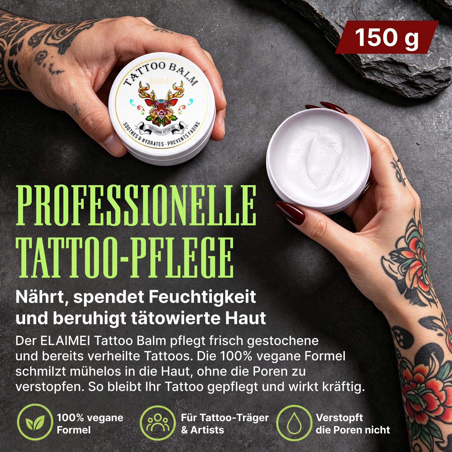 ELAIMEI Tattoo Balm 150g pot met witte crème voor tatoeageverzorging.