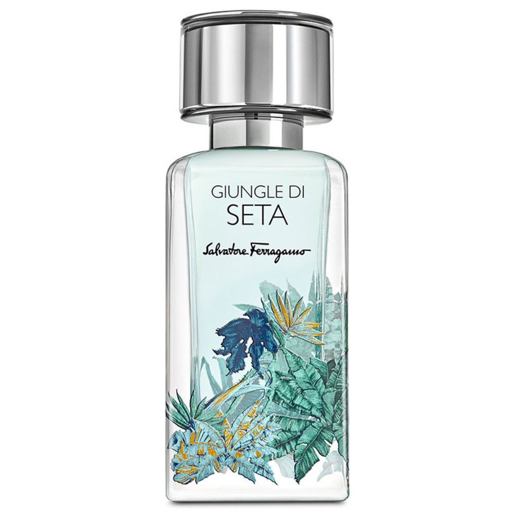 Flacon Salvatore Ferragamo Giungle Di Seta Eau De Parfum avec motif botanique.