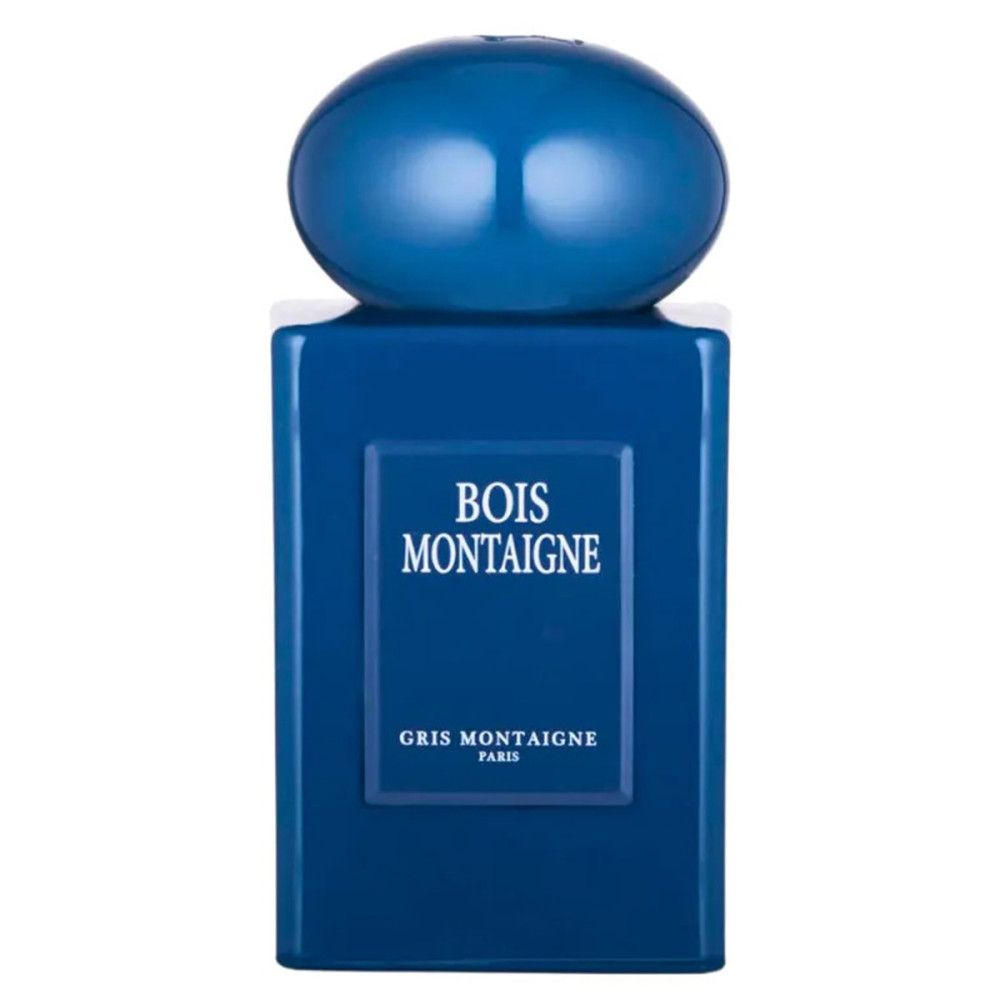 Flacon bleu avec bouchon. Inscription: Bois Montaigne, Gris Montaigne Paris.