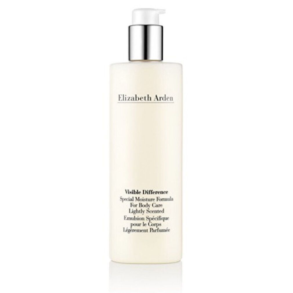 Lotion corporelle beige avec pompe argentée. Texte: Elizabeth Arden, Visible Difference, Special Moisture Formula.