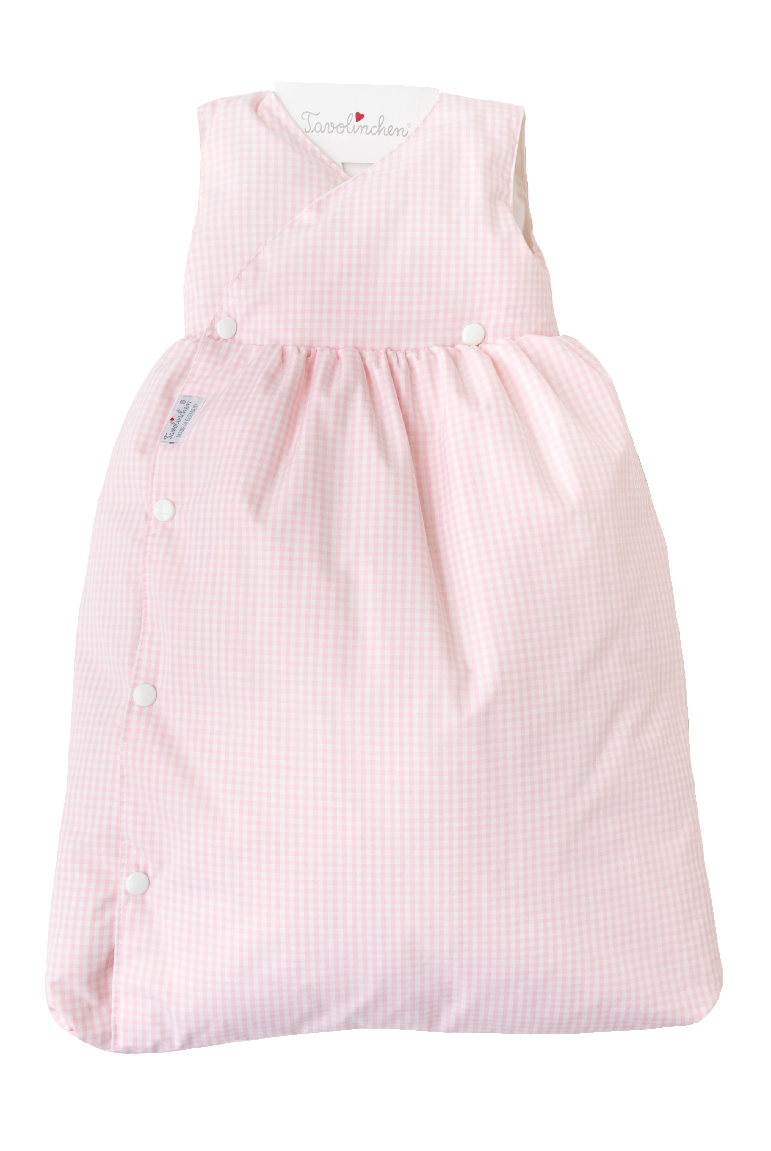 Gigoteuse rose à carreaux et boutons. Étiquette Tavolinchen. Doublure blanche. Fermeture latérale à boutons.