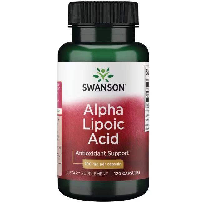 Flacon vert avec bouchon noir. Étiquette "SWANSON Alpha Lipoic Acid 100 mg". 120 capsules. Soutien antioxydant.