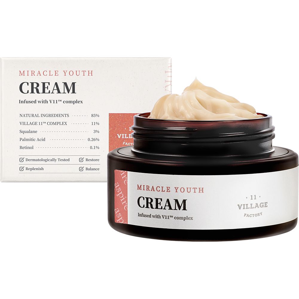 Pot avec crème et emballage. Inscription : Miracle Youth Cream, Village 11 Factory. Ingrédients sur l'emballage.