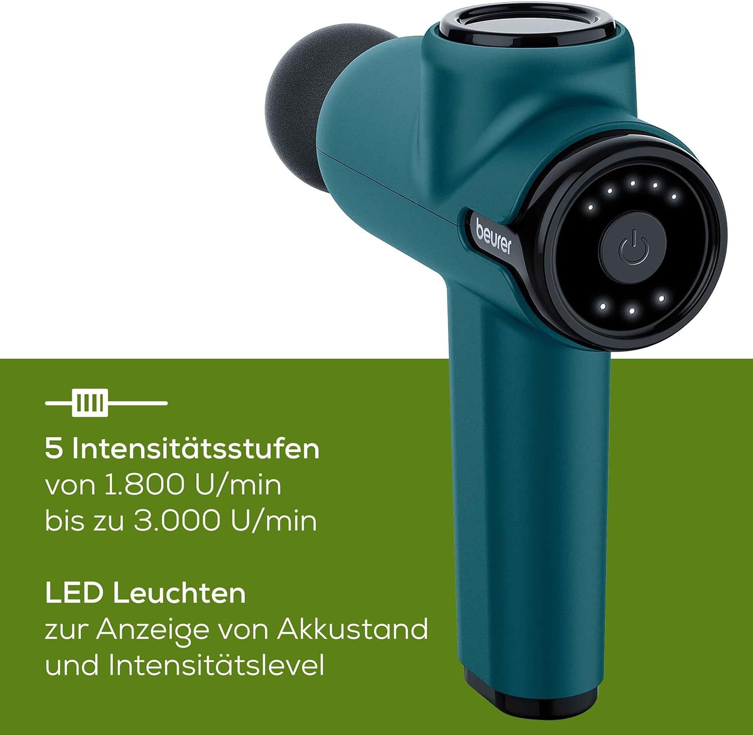 Pistolet de massage vert avec tête noire. Logo Beurer. Bouton et lumières LED. Texte: 5 niveaux d'intensité, lumières LED pour l'état de la batterie.