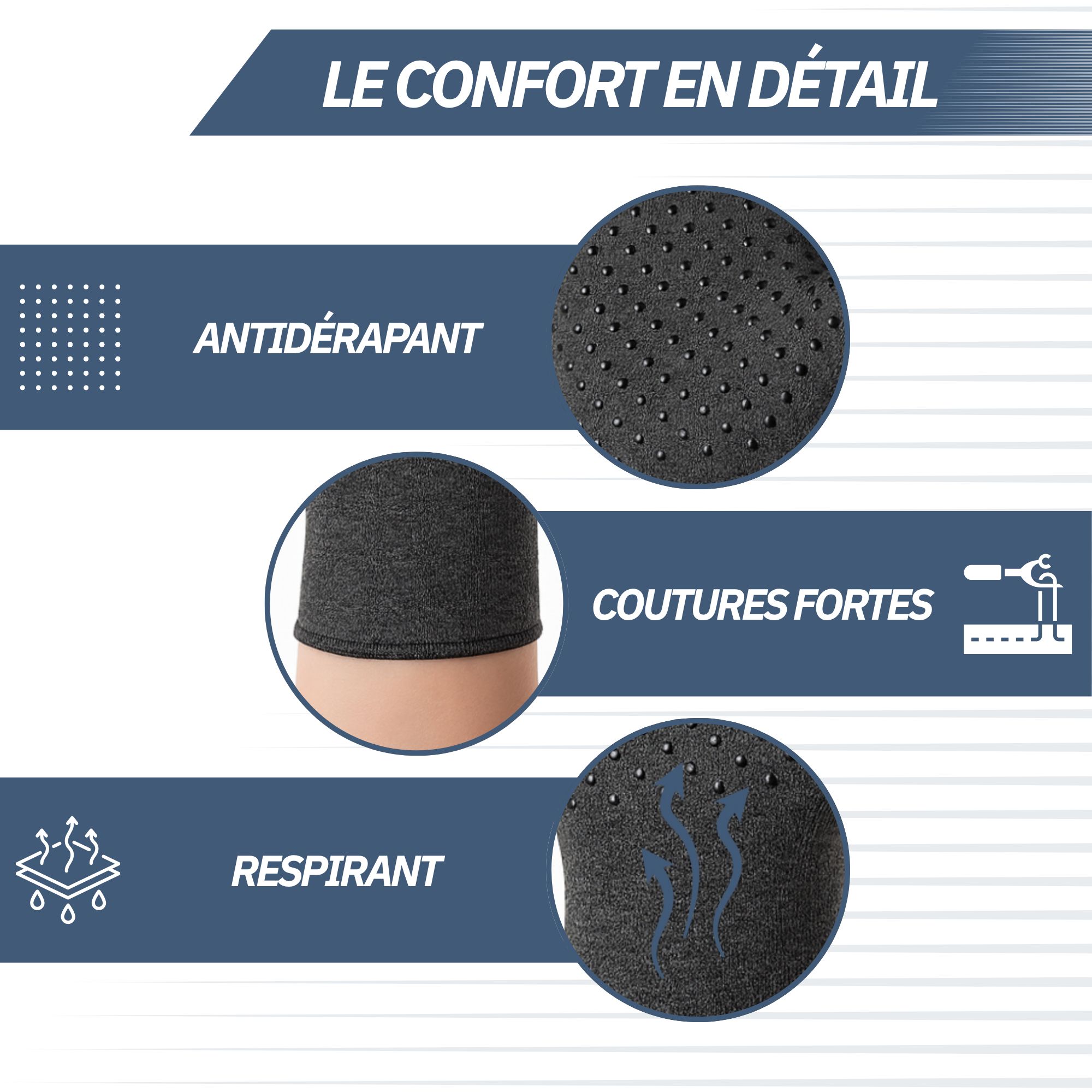 Vue détaillée d'un gant de compression gris respirant avec coutures solides.