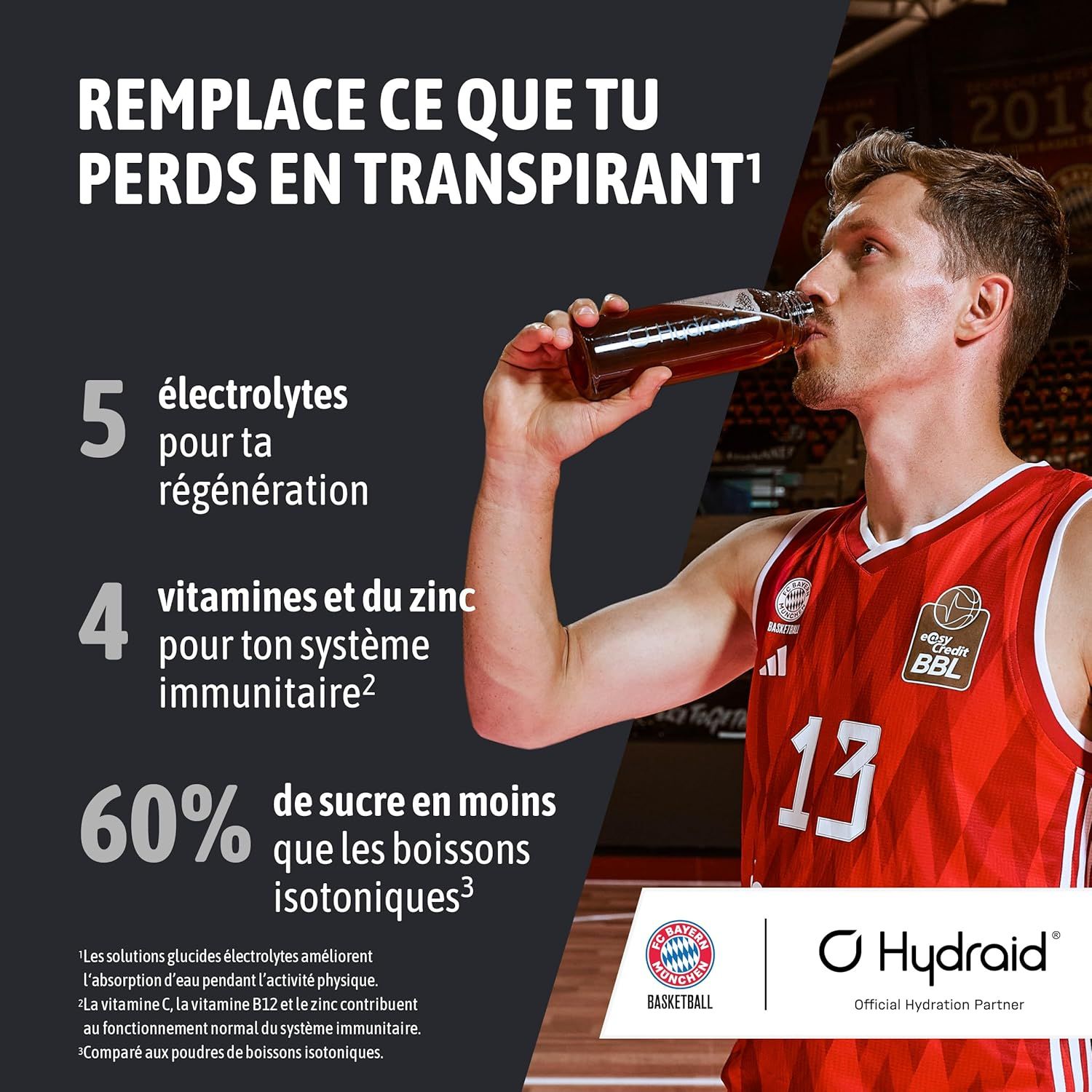 Un joueur de basket boit dans une bouteille. Le texte met en avant les électrolytes, vitamines et zinc.