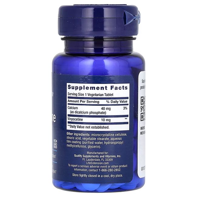 Flacon bleu avec comprimés blancs. Inscription : Life Extension Vinpocetine, 10 mg. Contient 100 comprimés végétariens.