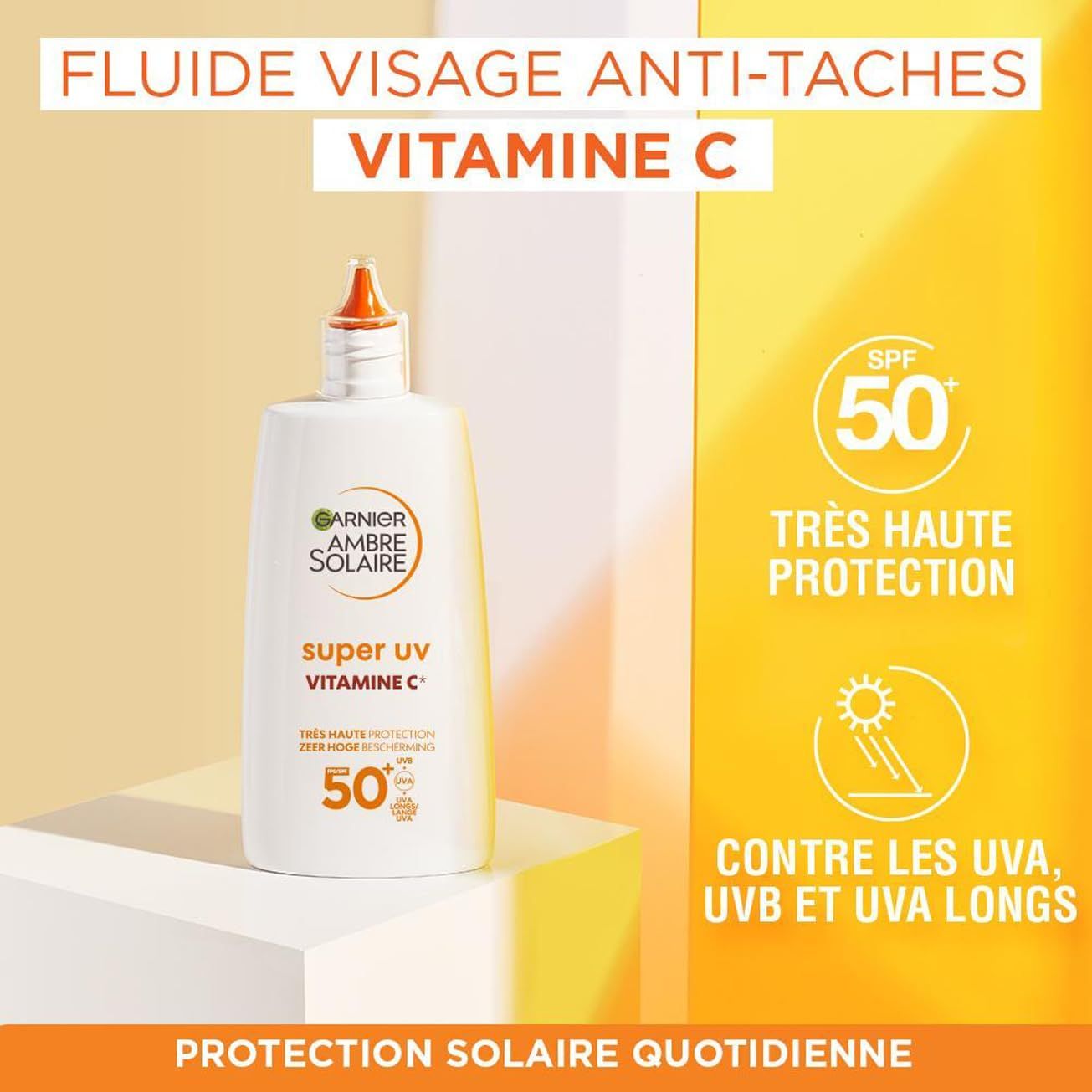 Flacon blanc Garnier Ambre Solaire Super UV Vitamine C, SPF 50+.