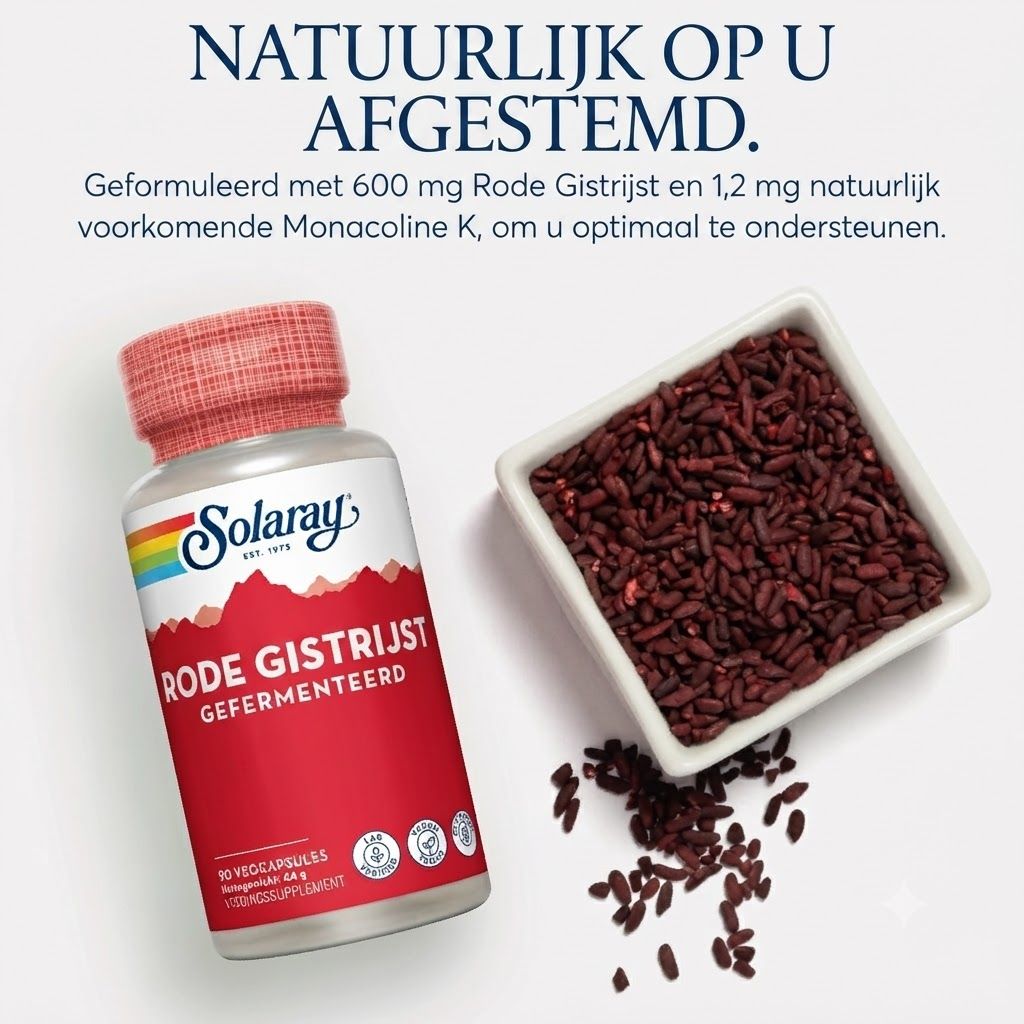 Solaray Gefermenteerde rode gistrijst capsules met zegels en rode rijst.