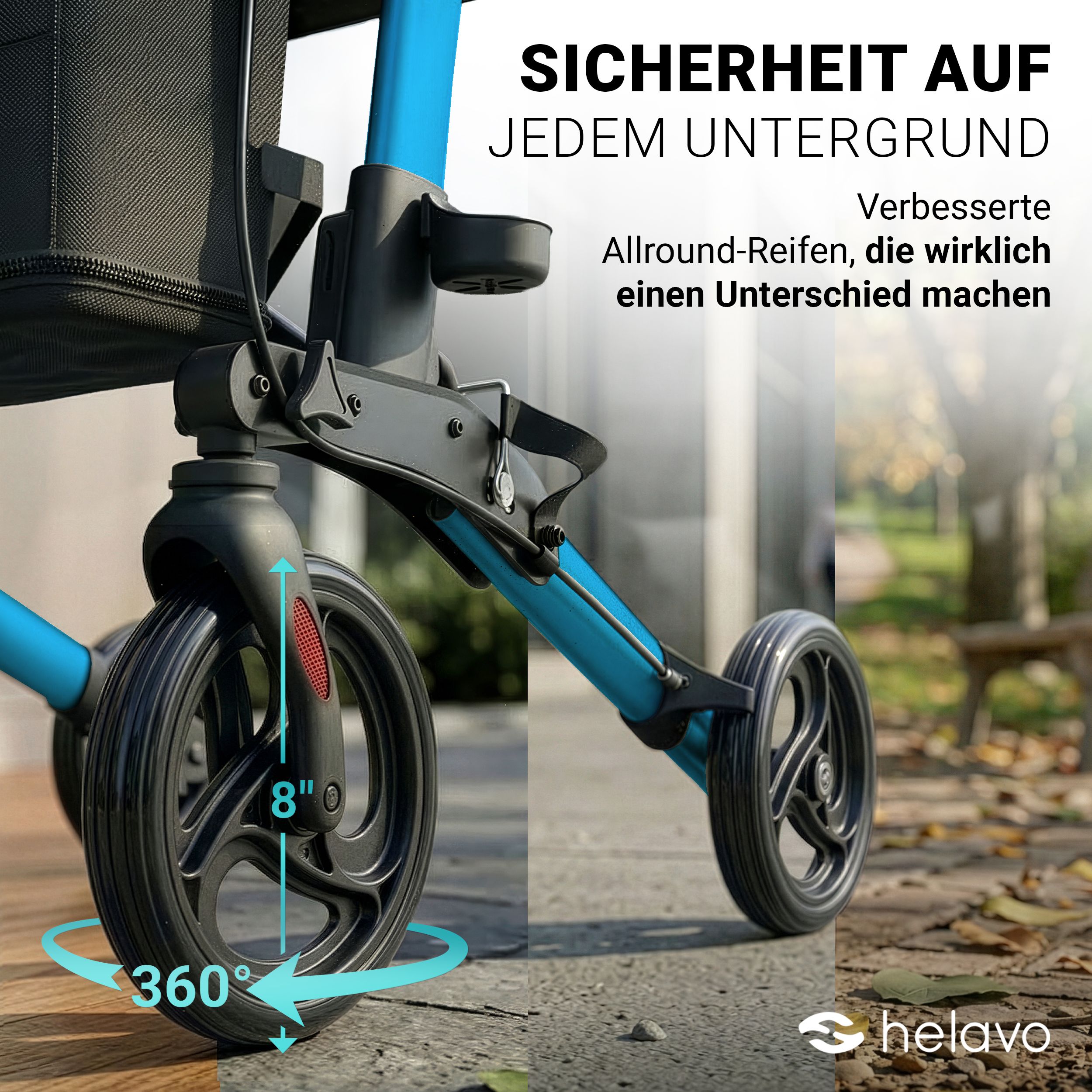 Gros plan de la roue d'un rollator bleu de 8 pouces de diamètre, rotation à 360°.