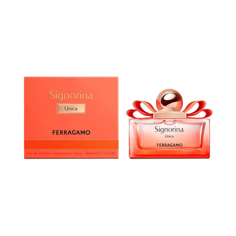 FERRAGAMO Signorina Unica Eau de Parfum fles en verpakking. Oranje doos en fles met strikapplicatie. 50 ml.