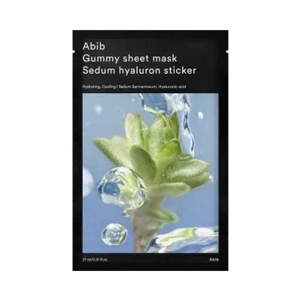 Pack Abib Gummy Sheet Mask Sedum Hyaluron Sticker avec plante et gouttes d'eau.