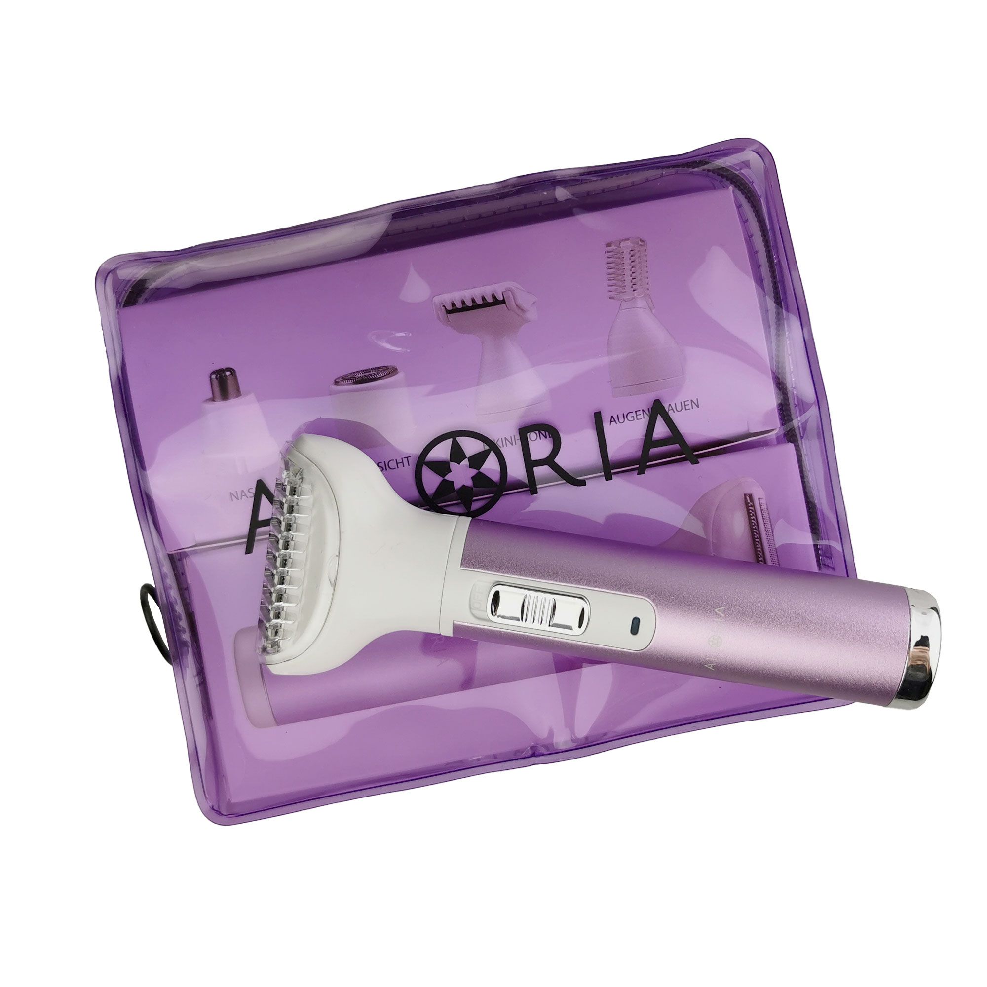 Ensemble rasoir dans une trousse violette transparente. Contient un rasoir et des accessoires. Logo AILORIA sur la trousse.