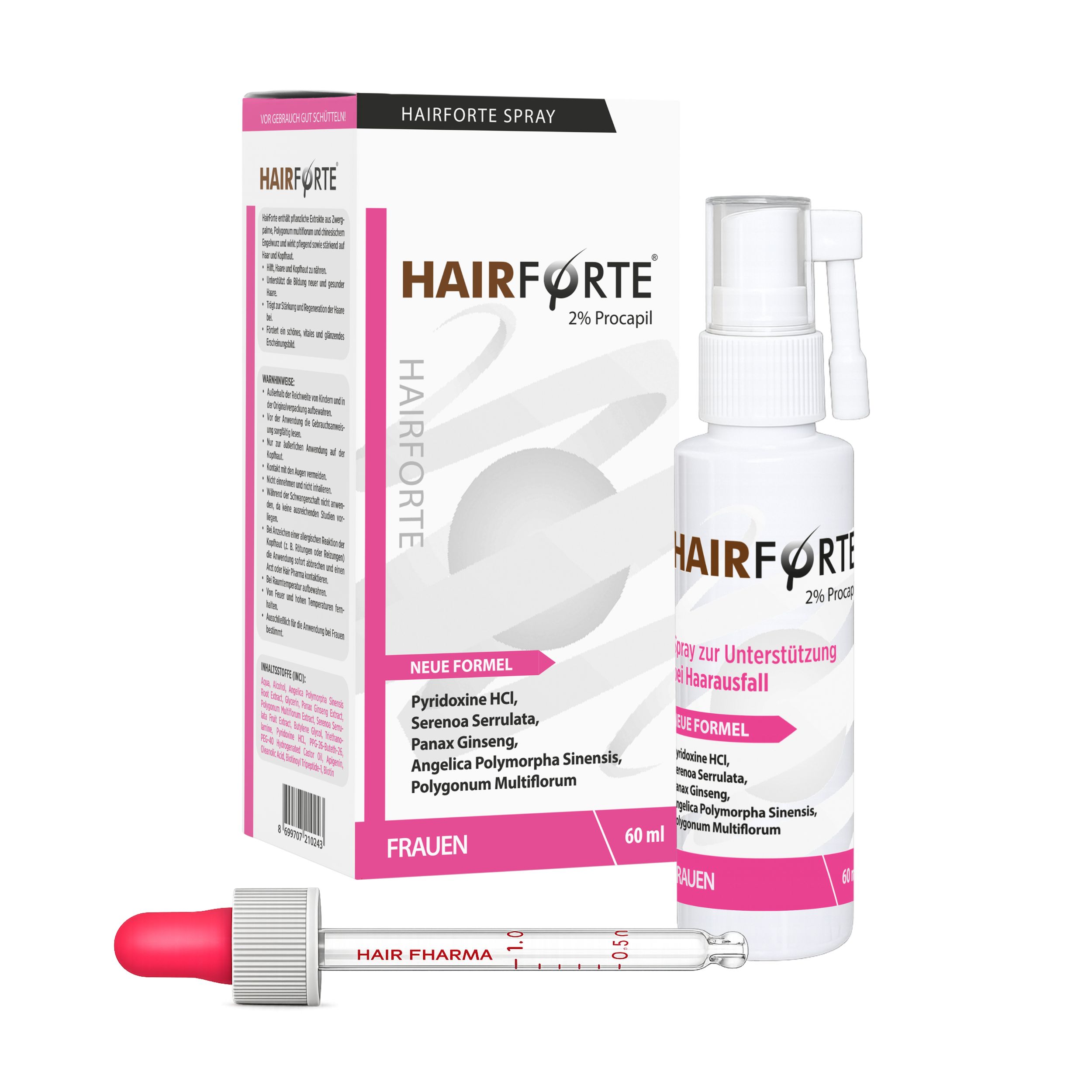Spray Hairforte 2% Procapil avec pipette et emballage.