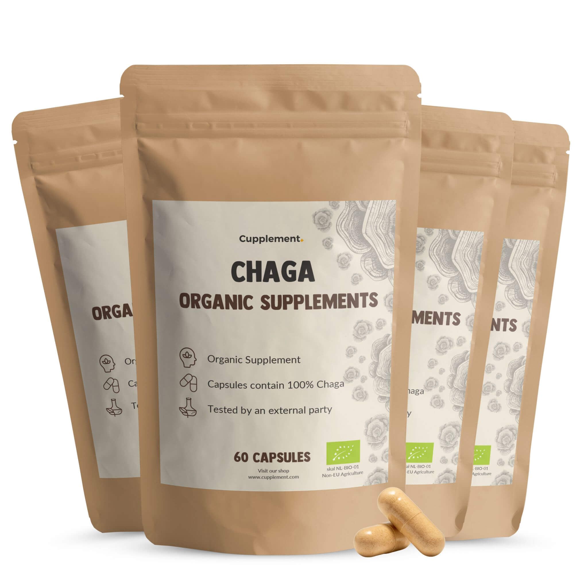 Plusieurs sachets de gélules de chaga. Inscription : Cupplement, Chaga, Organic Supplements. 60 gélules. Emballage brun.