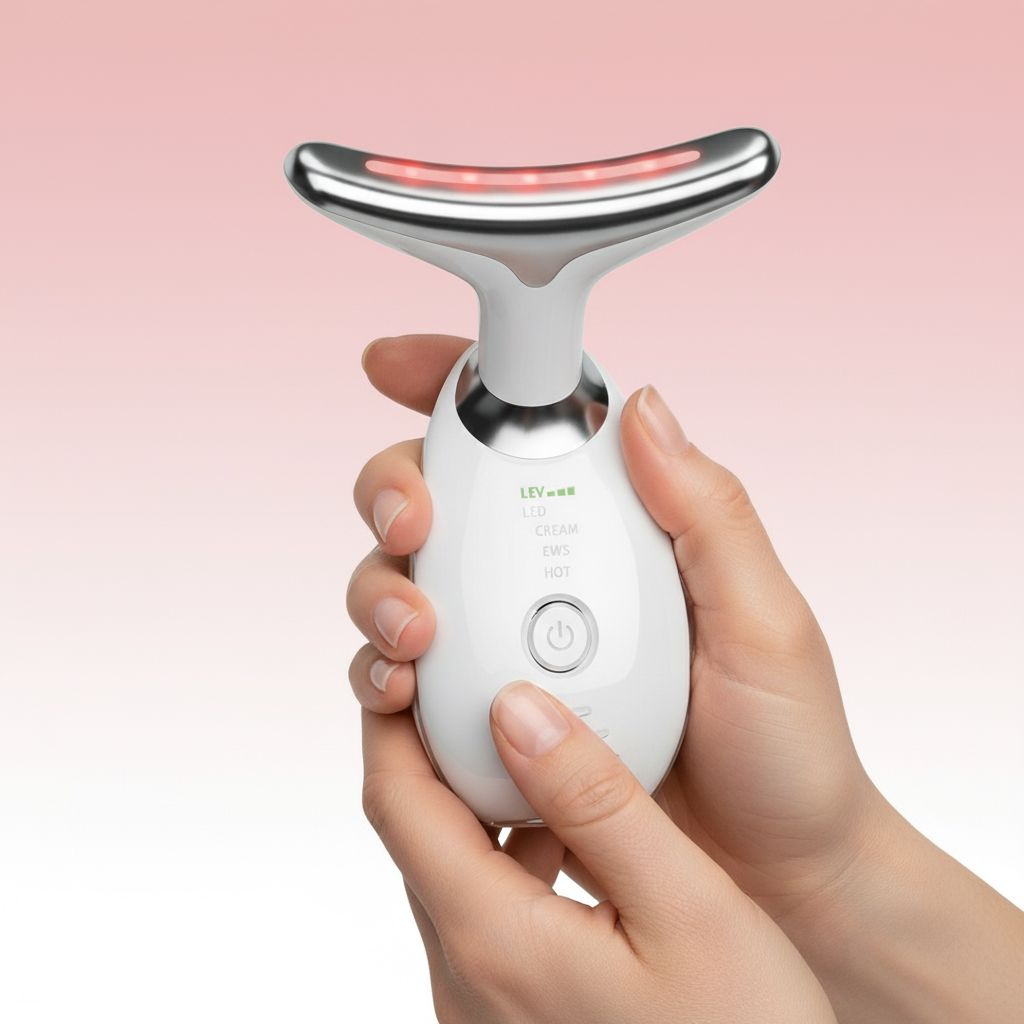 Appareil blanc avec tête incurvée, tenu en mains. Bande lumineuse rouge sur la tête, affichage LED. Fond rose.