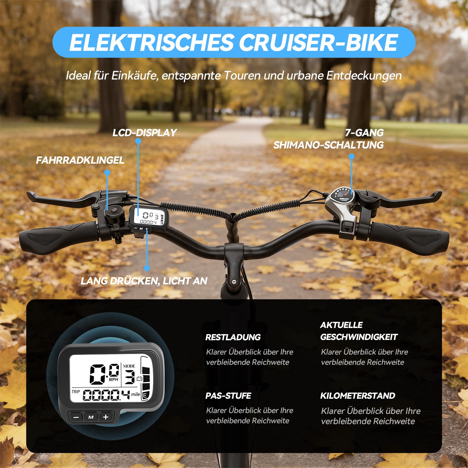 Gros plan du guidon d'un vélo électrique cruiser. Écran LCD, changement de vitesse Shimano à 7 vitesses. Étiquettes : charge restante, vitesse, kilométrage.