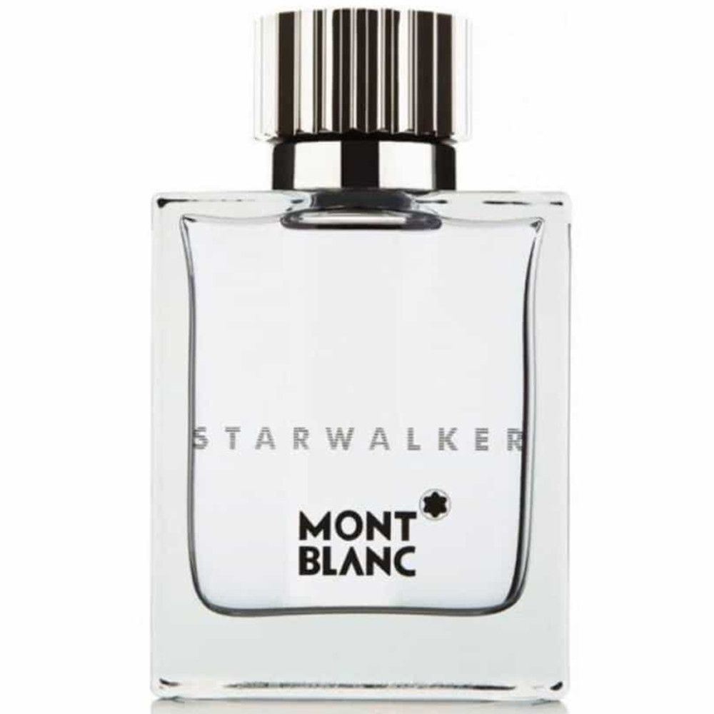 Flacon Montblanc Starwalker Eau de Toilette. Flacon en verre rectangulaire avec bouchon argenté. Inscription Starwalker et Montblanc.
