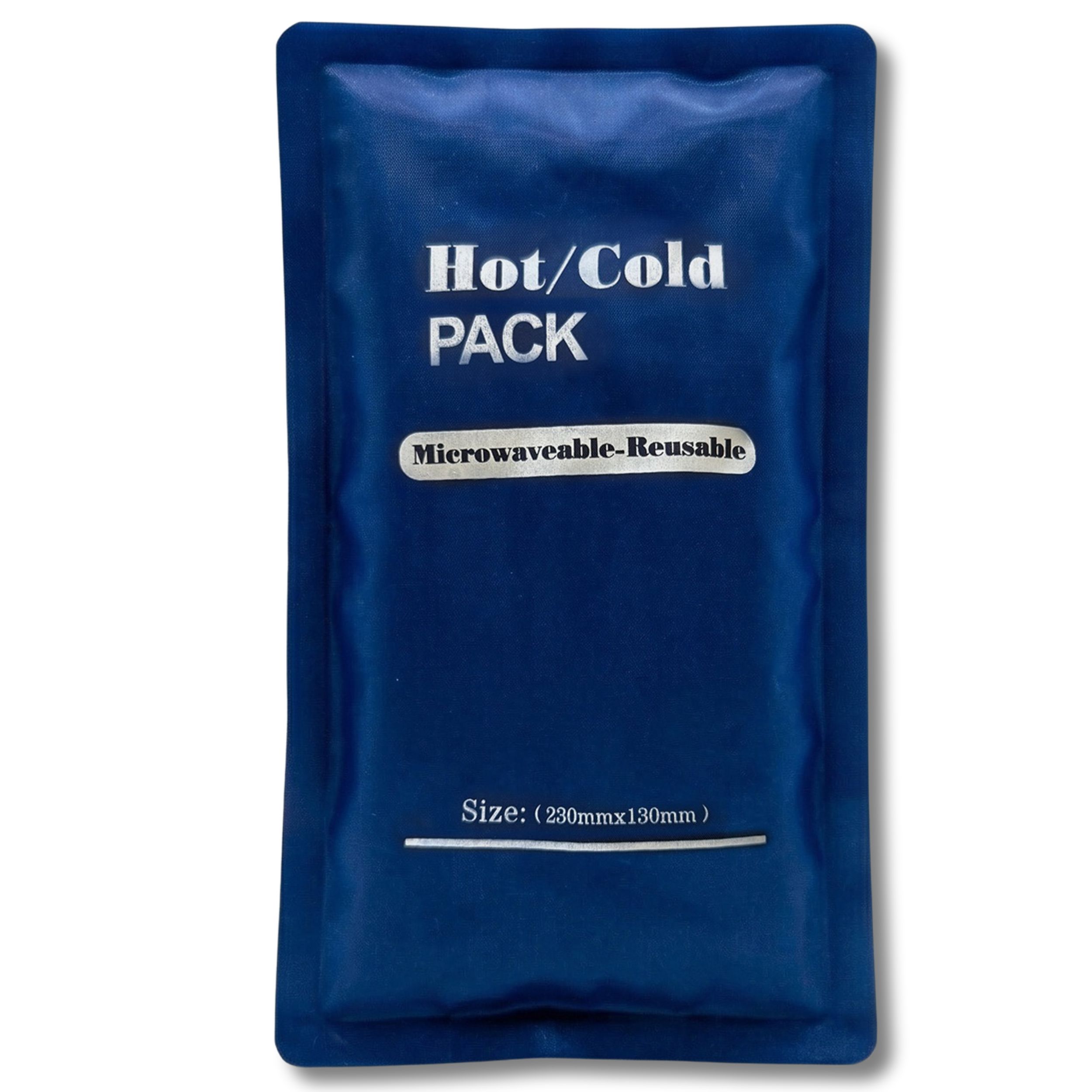 Blauw Hot/Cold Pack. Tekst: Hot/Cold PACK, Magnetron-Herbruikbaar. Afmeting: 230mmx130mm.