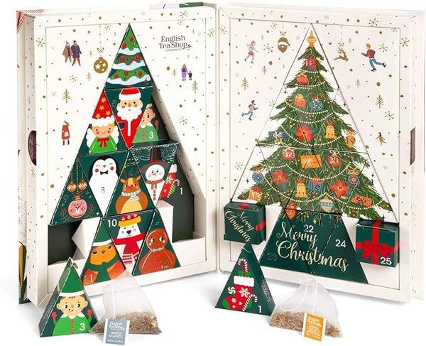 Adventskalender geopend. Driehoekige vakken met theezakjes. Kerstboomontwerp. Logo: English Tea Shop. Opschrift: Merry Christmas.