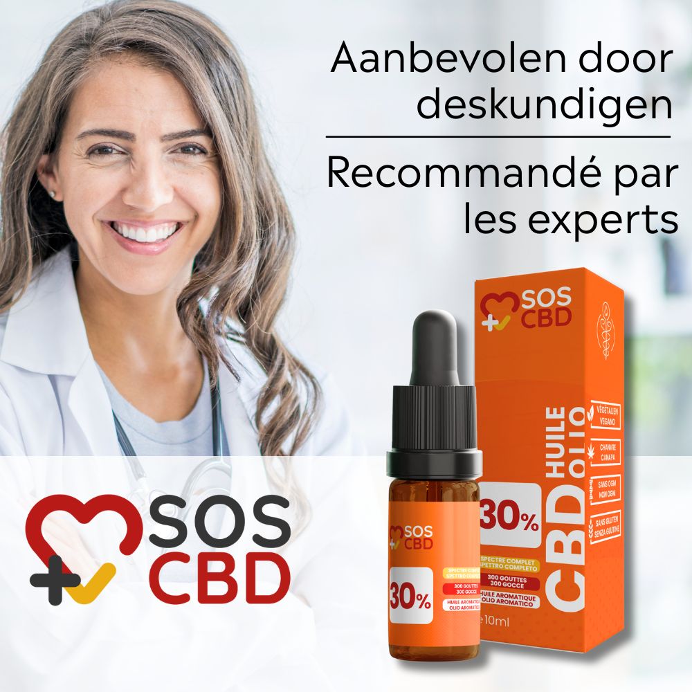 Vrouw in witte jas met fles en verpakking. Logo en tekst. CBD-olie.