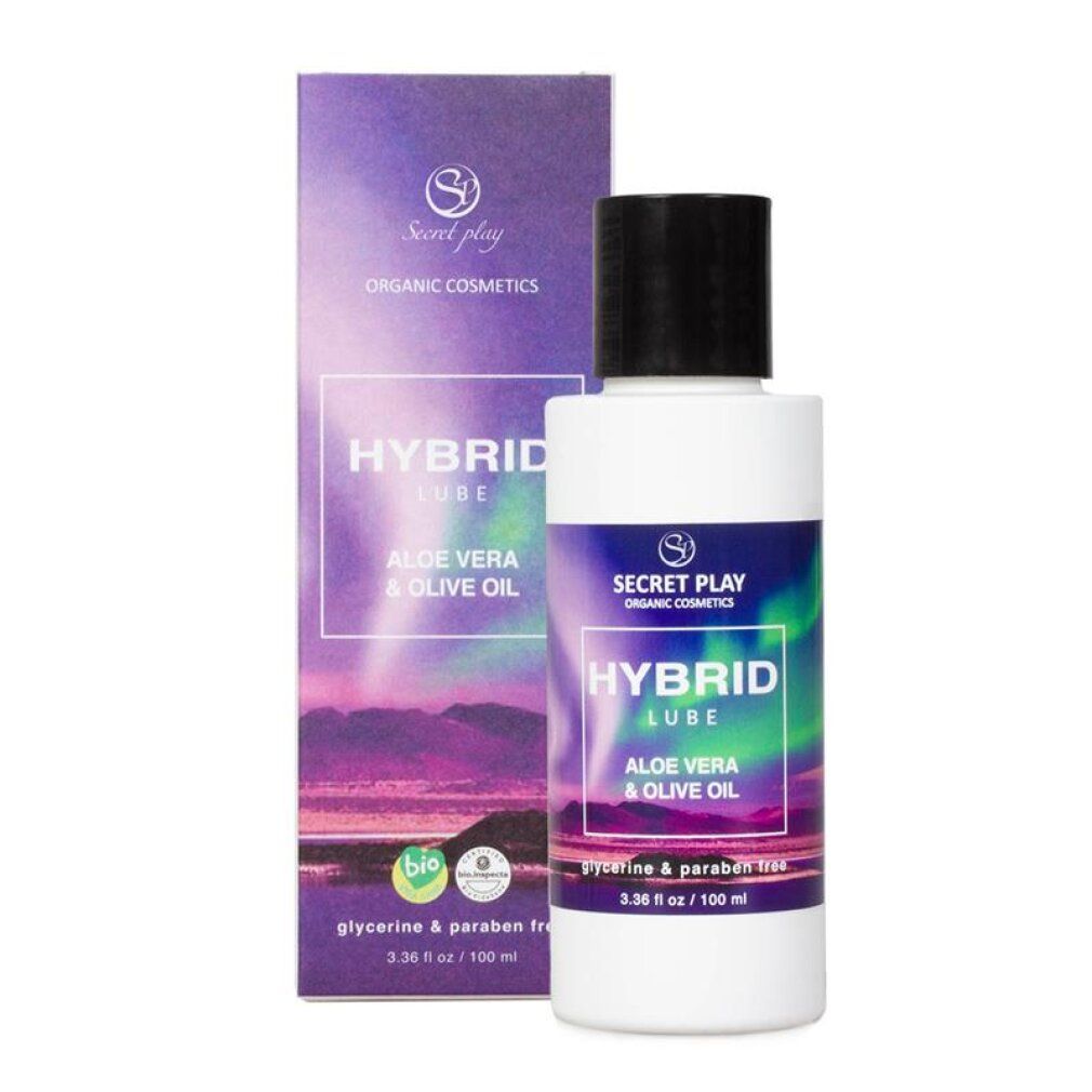 Bouteille et boîte de Hybrid Lube, 100 ml, à l'aloe vera et à l'huile d'olive. Sans glycérine ni parabène.