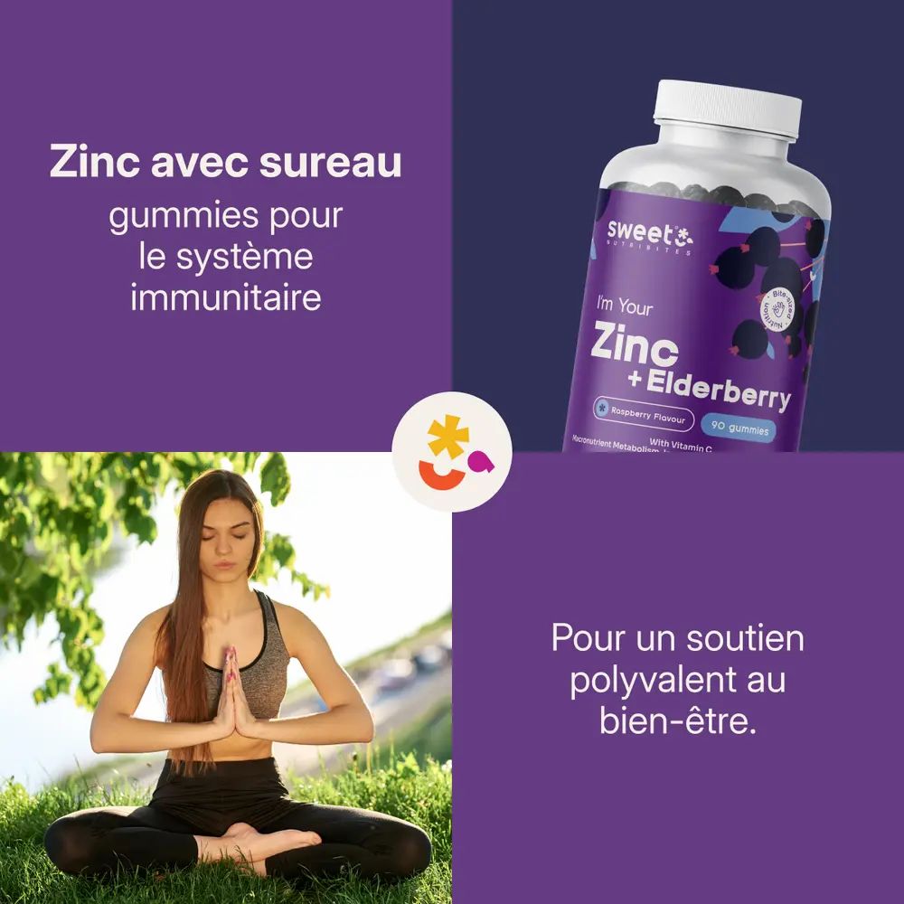Femme faisant du yoga. Flacon de gummies Zinc + Sureau. Texte : Zinc avec sureau. Pour un soutien polyvalent au bien-être.