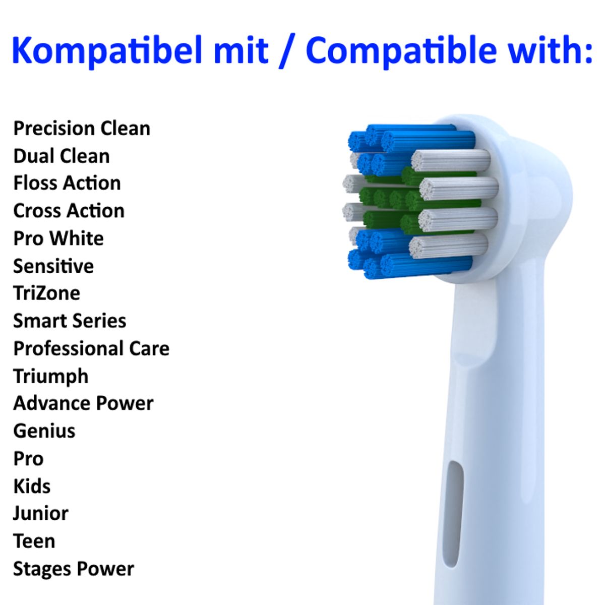 Tandenborstelkop met blauwe, groene en witte borstelharen. Compatibel met diverse Oral-B modellen.