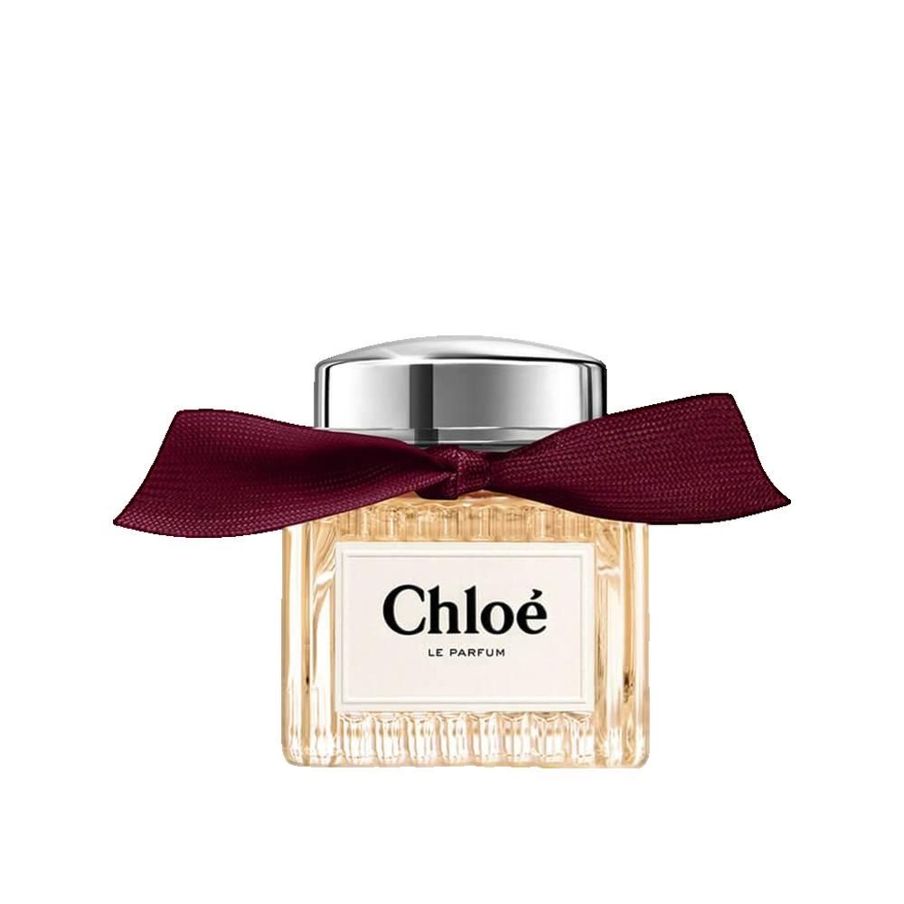Flacon carré avec bouchon argenté et nœud. Inscription "Chloé Le Parfum".