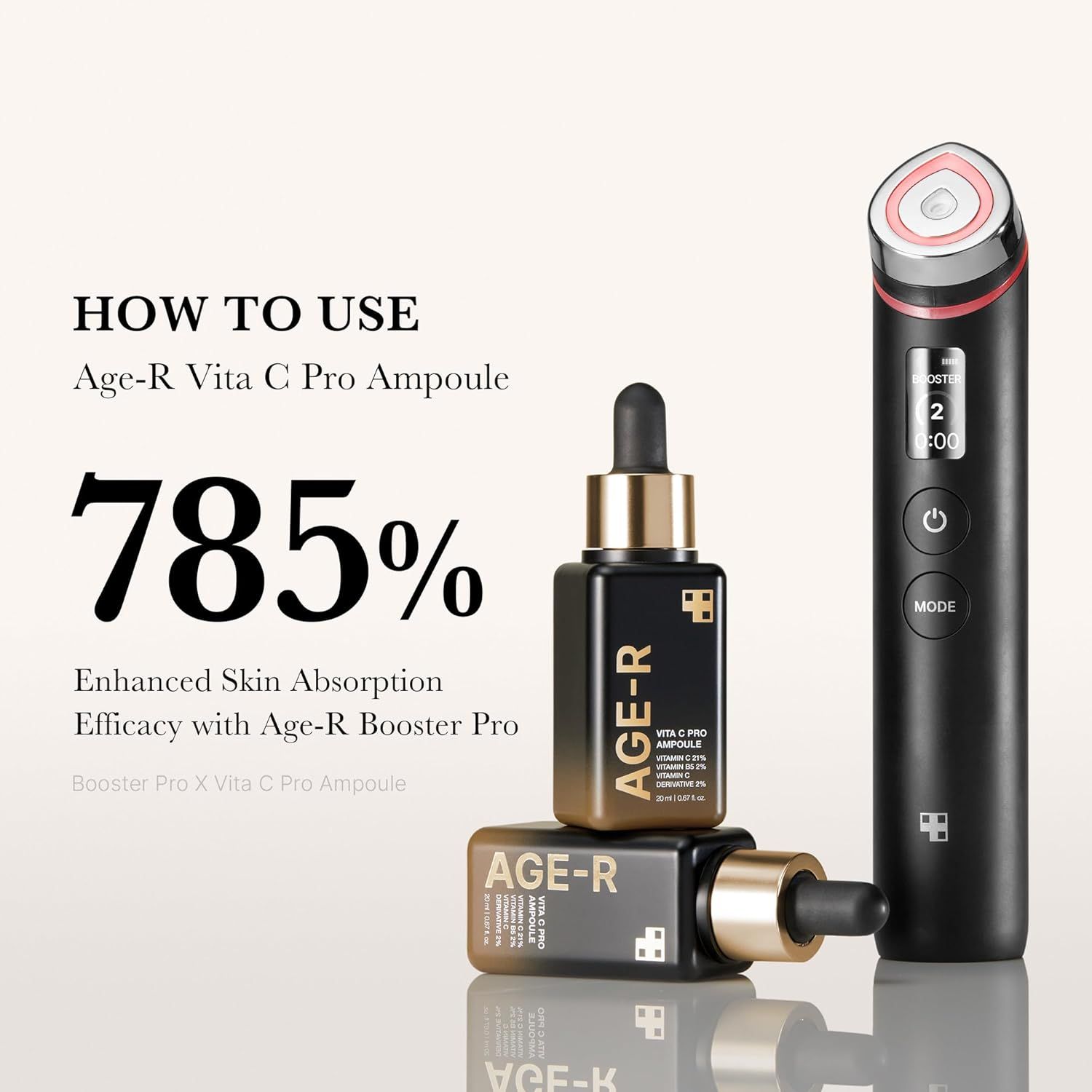 Age-R Vita C Pro Ampoule et un appareil. Flacons noirs avec bouchons dorés. Texte : Age-R, Vita C Pro. Appareil avec écran.