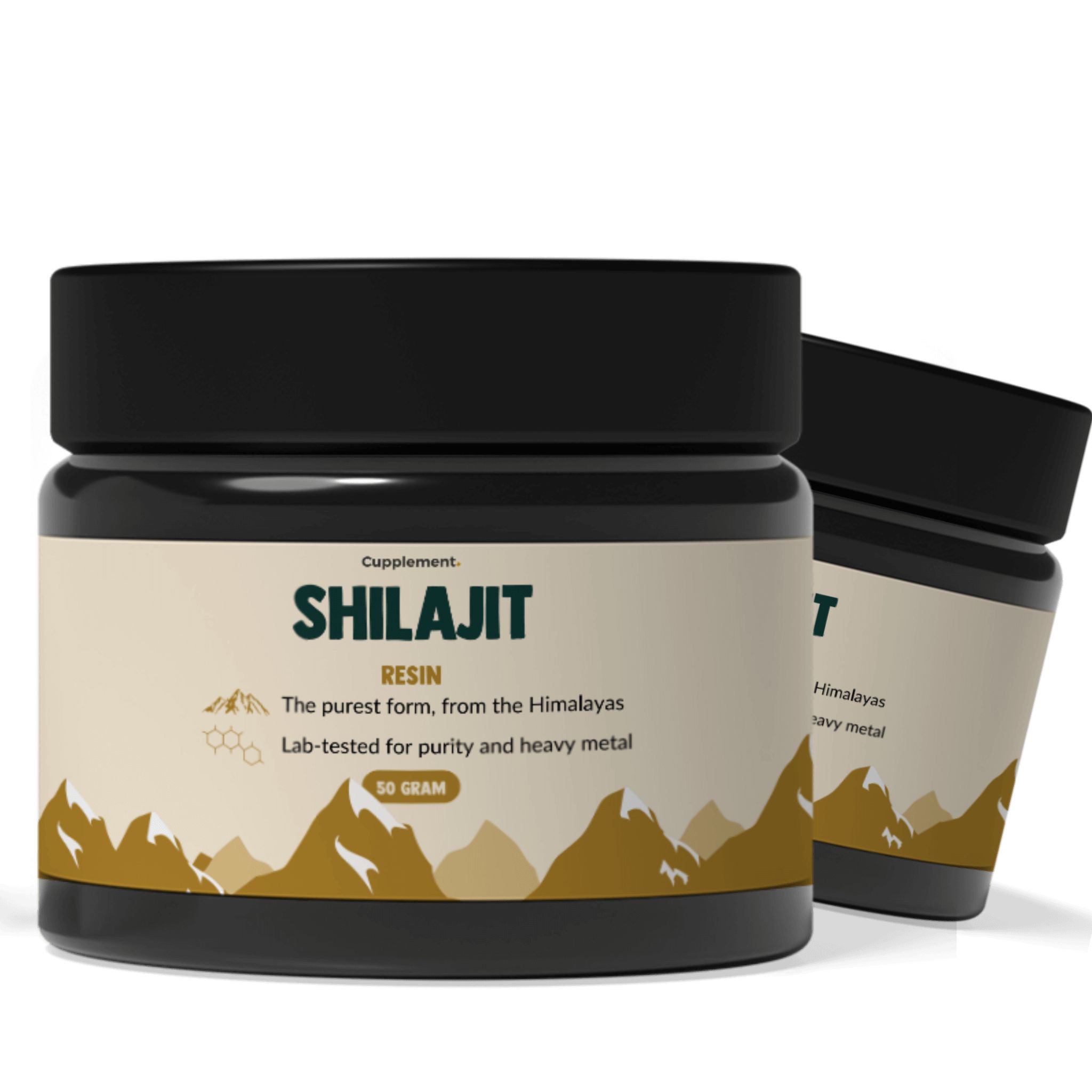 Zwarte pot met zwart deksel. Opschrift: Shilajit Resin. 50 gram. Bergontwerp.