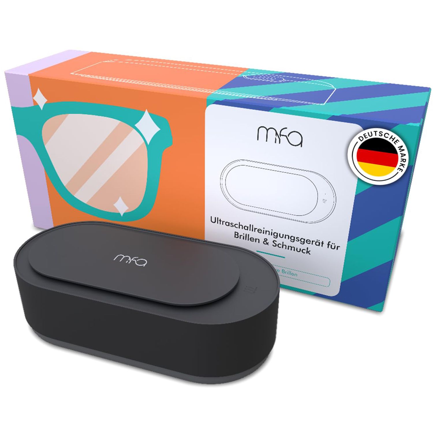 Ultrasoon reinigingsapparaat met verpakking. Zwart apparaat, ovale vorm. Verpakking met bril-illustratie en logo.