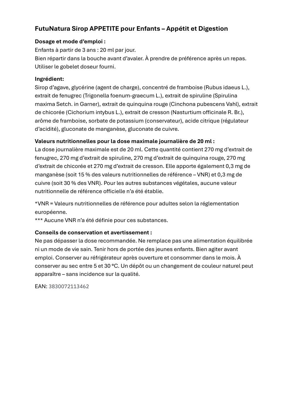 Texte en français sur FutuNatura Sirop Appétit pour Enfants - Appétit et Digestion. Contient des informations sur l'utilisation et les ingrédients.