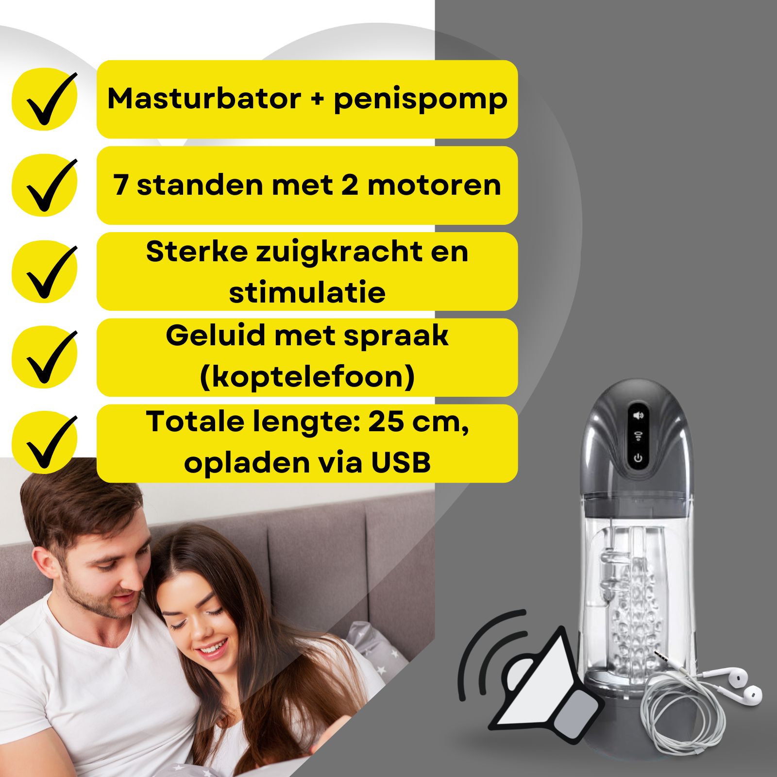 Product met tekst: Masturbator + Penis pomp, 7 standen, sterke stimulatie, geluid, 25 cm. Paar op de achtergrond.