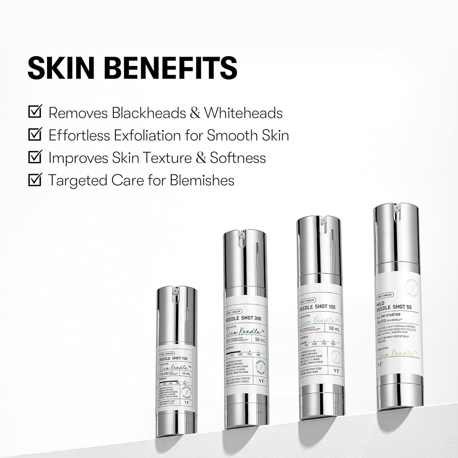 Vier flessen VT COSMETICS Reedle Shot. Maten: 100, 300, 100, 50. Wit-zilveren flessen. Tekst: SKIN BENEFITS.