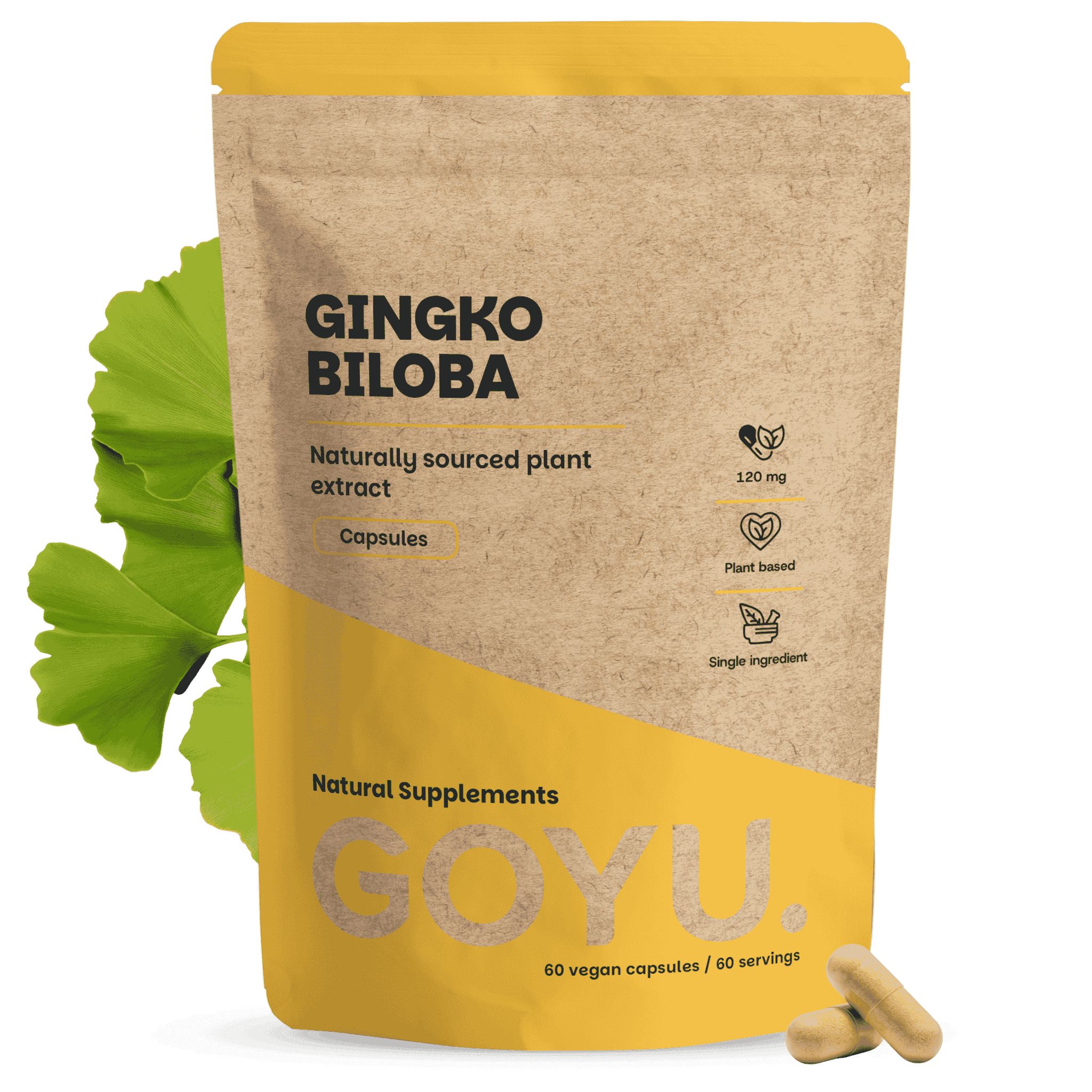 Ginkgo Biloba Capsules: 120 mg, plantaardig, enkel ingrediënt. 60 vegan capsules.
