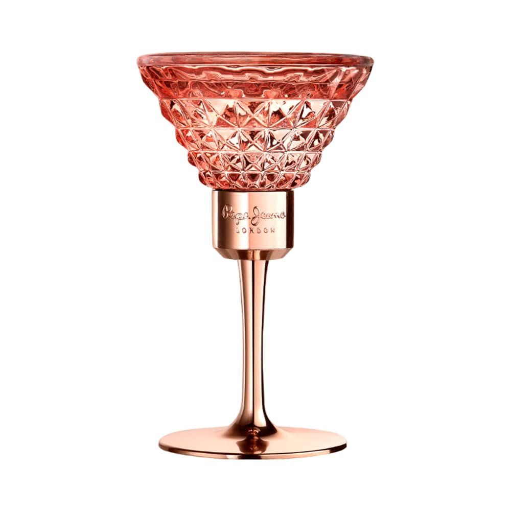 Parfumfles in kelkvorm. Roze glas met geometrisch patroon. Gouden steel en voet. Merk Pepe Jeans London.