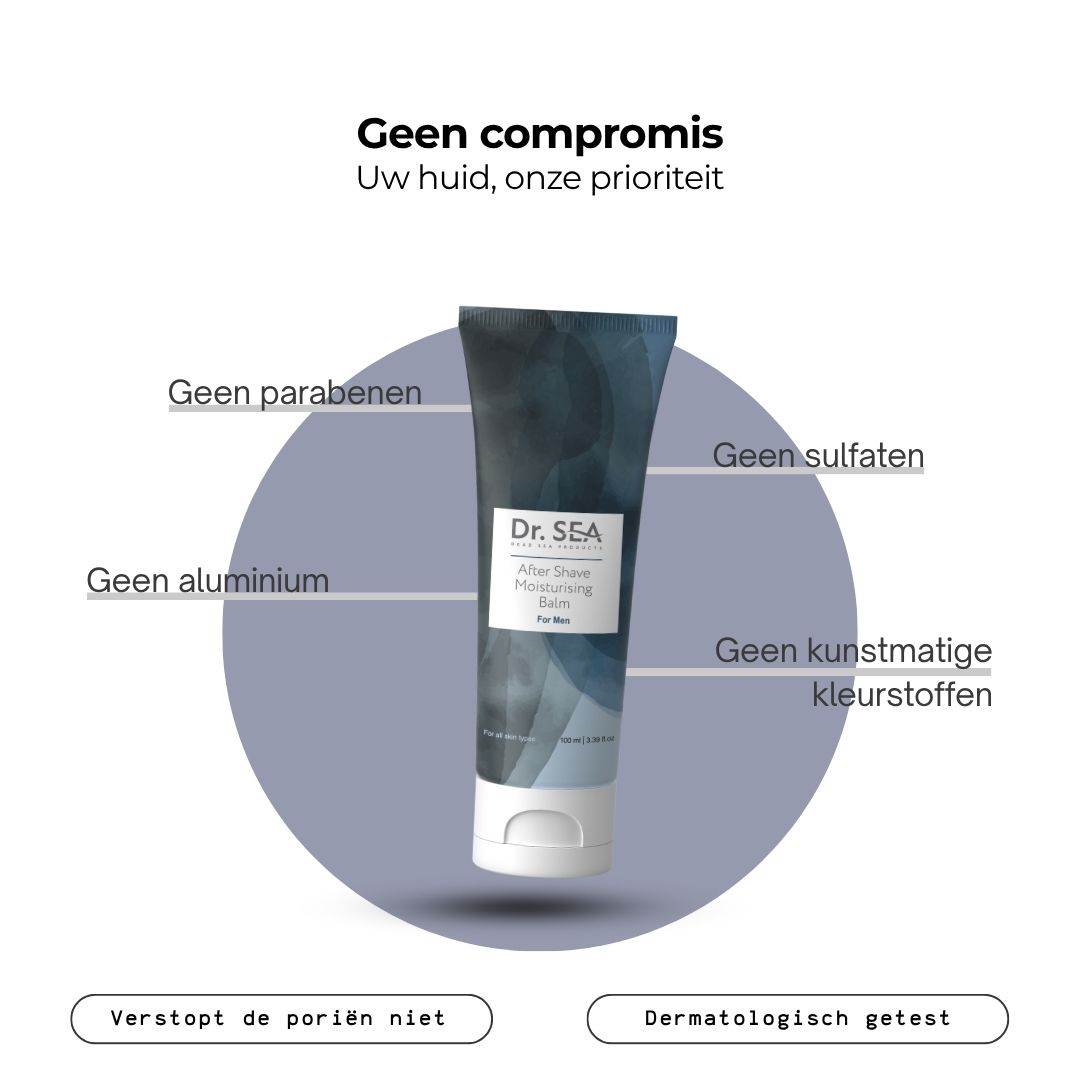 Aftershavebalsem tube. Tekst: Zonnebloemolie, Allantoïne, Avocado-olie. Zichtbare resultaten.