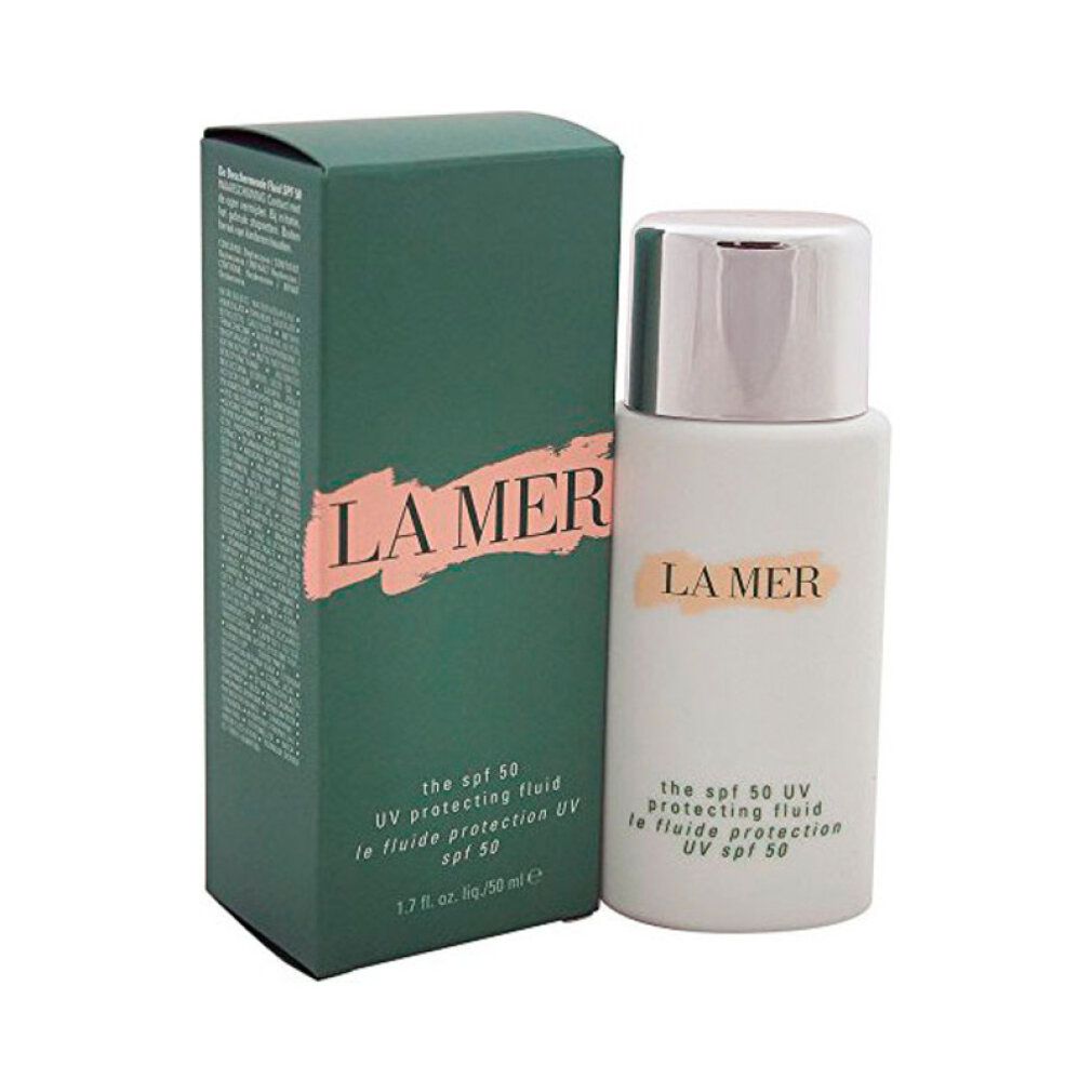 Flacon blanc avec bouchon argenté et emballage vert. Inscription : LA MER, the spf 50 UV protecting fluid.