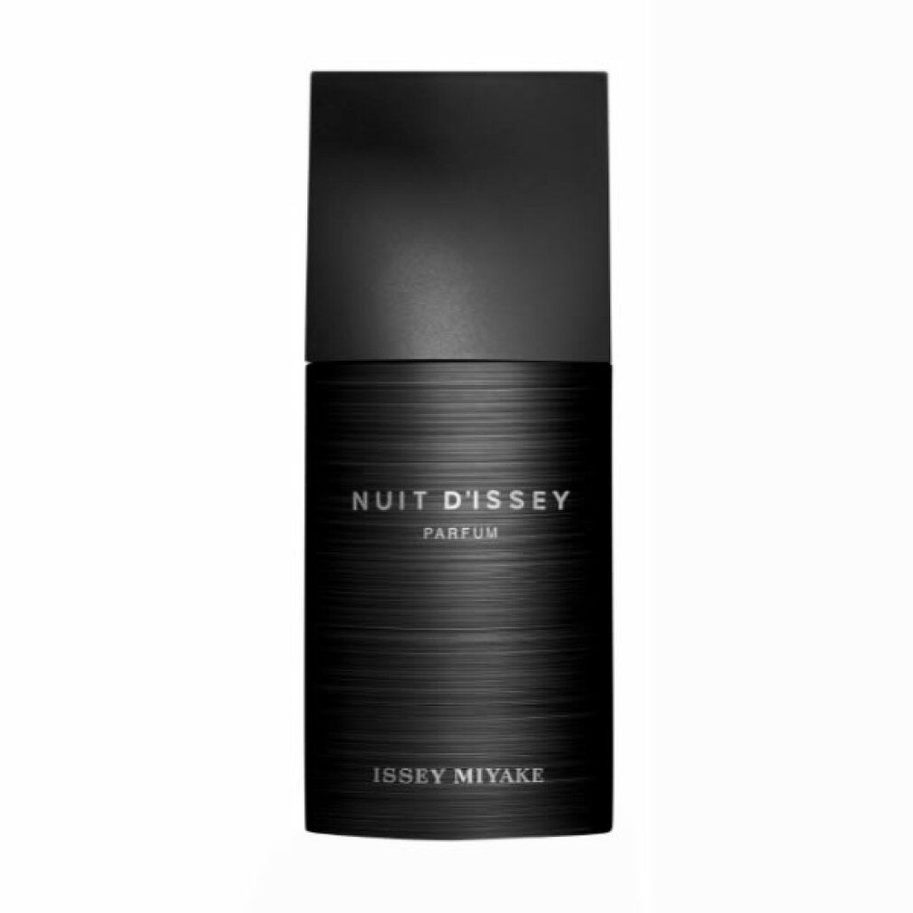 Flacon noir avec bouchon. Inscription: Nuit d'Issey Parfum, Issey Miyake.