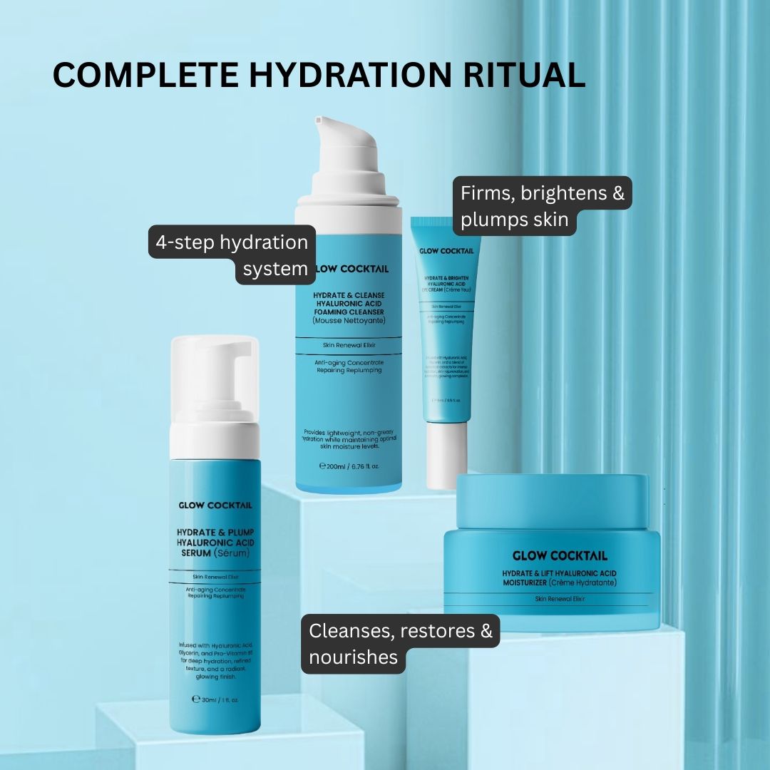 Quatre produits Glow Cocktail. Nettoyant, sérum, crème et hydratant. Texte: 4-step hydration system. Inscriptions.