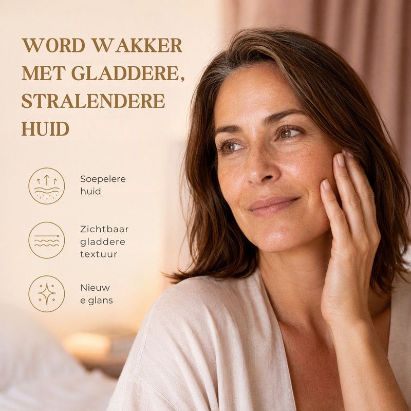 Een pot Talia Absolute Night Treatment met Vitamine C en Hyaluronzuur. Iconen tonen Vitamine C ter ondersteuning van de huid, Hyaluronzuur voor hydratatie en Squalane voor soepelheid.